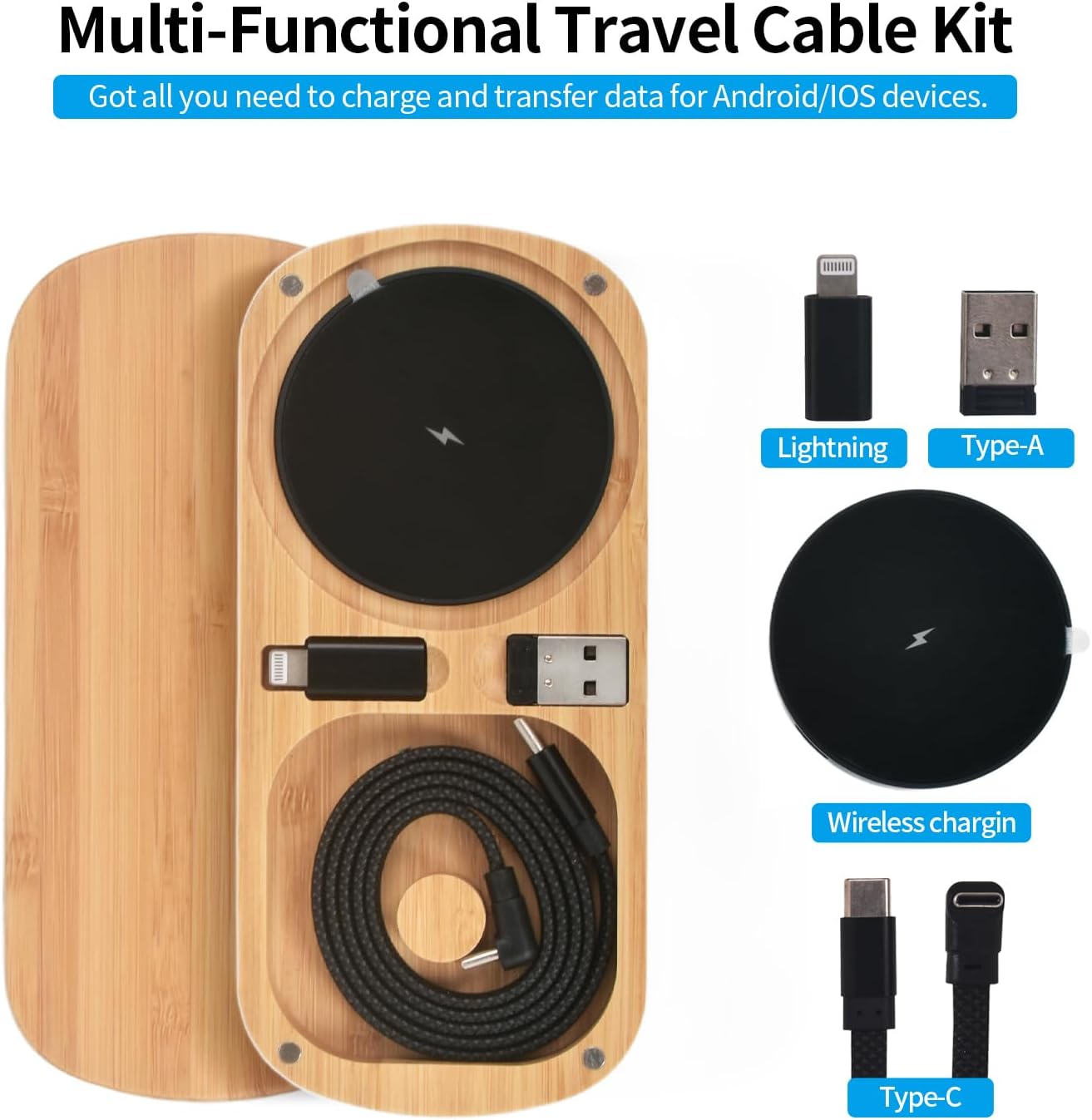 Multi Charging Adapter Kit, to USBC Adaptor,Type C to USB 3.0 OTG Converter, C to Micro iOS,Portable Case with 2Ft 60W Charger Cable for iPhone 16 15 Max Pro,Samsung Galaxy S25 Plus (6 Sets Bamboo)