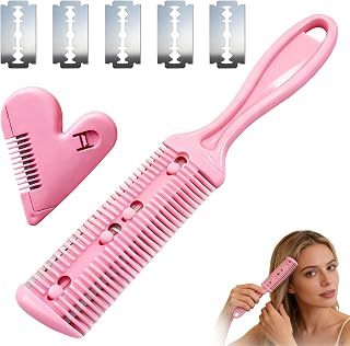 2 Piezas Peine de Afeitar y Corte Profesional, Cortador de Pelo de Doble Cara Recortador de Plástico con Navaja, Kit de Peine para Adelgazar el Cabello con 5 Cuchilla del Acero Inoxidable