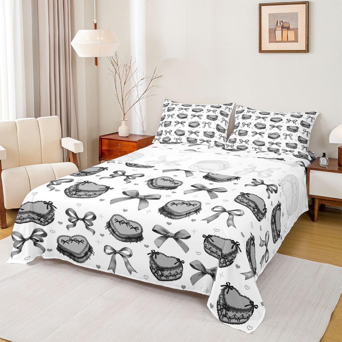 Homewish Czarna muszka zestaw prześcieradeł podwójne urocze miłosne serce prześcieradła marzycielska księżniczka kokardka pościel - Kawaii geometryczna muszka zestaw pościeli 4-częściowy kawaii