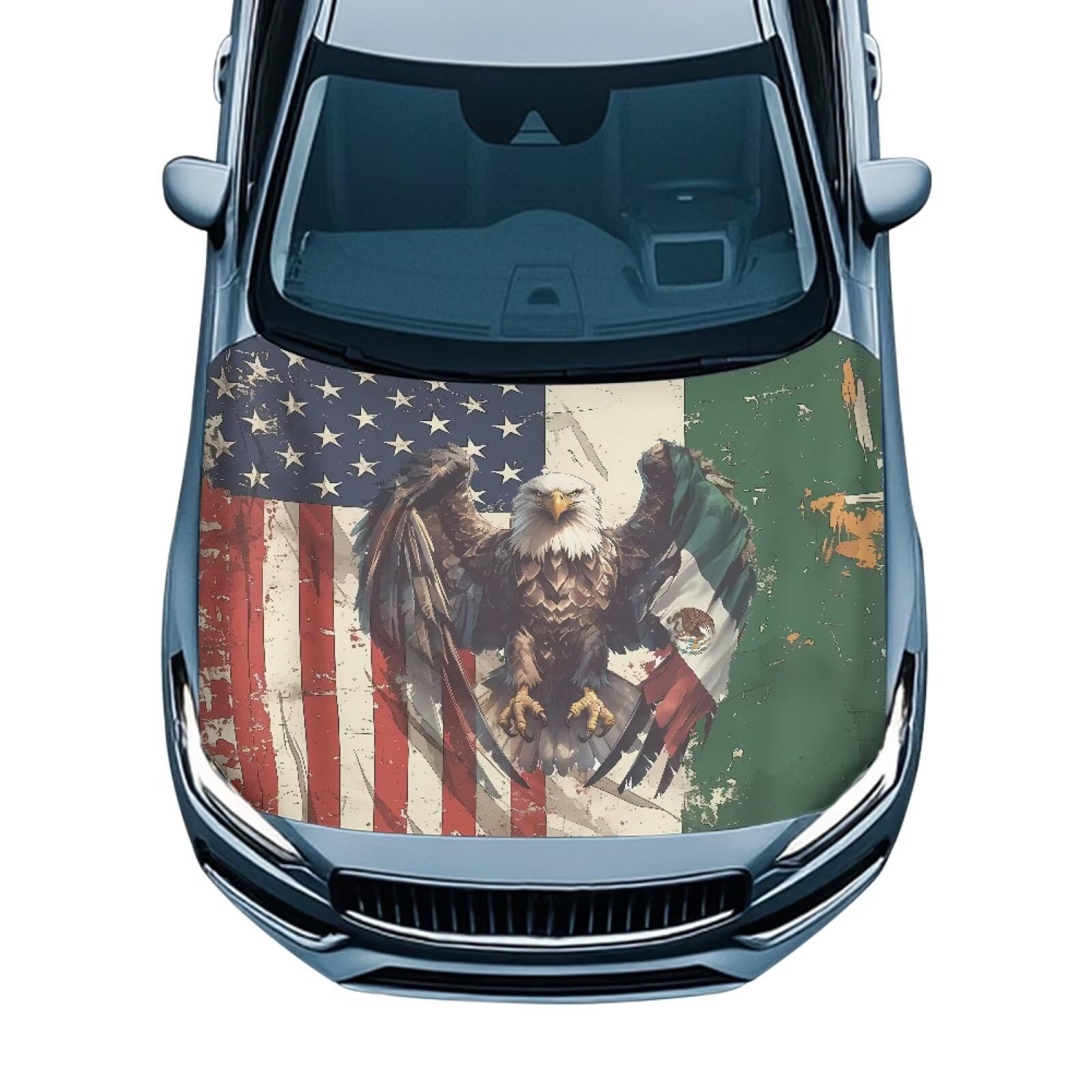 Eagle American and Mexican Flag for Car Hood Cover All Weather Automotive Exterior Accessories Universal Fit Hood Covers for Cars, Trucks, SUV, or Van Full Coverage