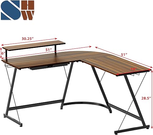 Miniatura 3 de SHW Vista - Escritorio en forma de L con soporte para monitor, nogal Nogal,Negro,Marrón (Rustic Brown),Blanco,https://www.amazon.com/dp/undefined