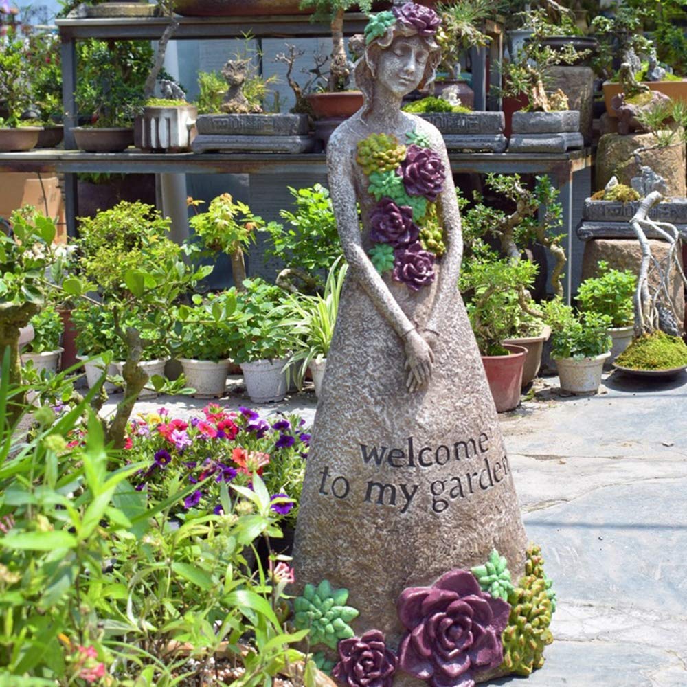 Adorno de jardín, Estatua de jardín de Resina Resistente al Agua, Estatua de Bienvenida para niña Hecha a Mano para jardín, Decoraciones para Patio al Aire Libre, estatuas Antiguas Vintage