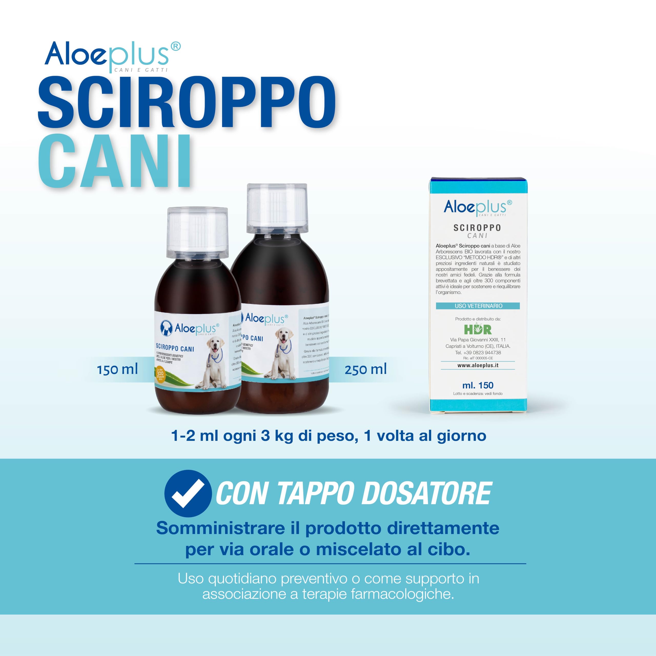 ALOEPLUS Cani Sciroppo 250ml - Alimento Complementare Energetico, Disintossicante a base di Aloe Arborescens BIO, Rafforza le Naturali Difese, Ideale come ricostituente Cani Anziani e Cuccioli