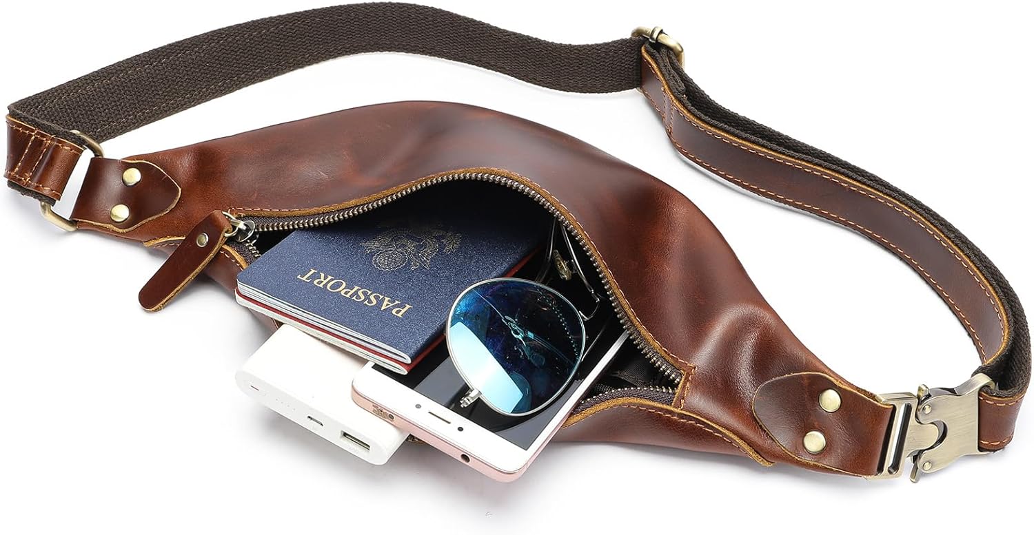 Vintage Genuine Leather Fanny Pack Small Waist Bag Travel Sling Pouch with Adjustable Leather Belt Brown - Image 6