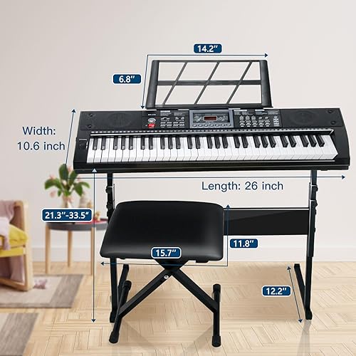 Miniatura 3 de VEIYOUMO Piano de teclado, teclado de piano eléctrico de 61 teclas para principiantes, teclado de música con pantalla LED con micrófono, calcomanías
