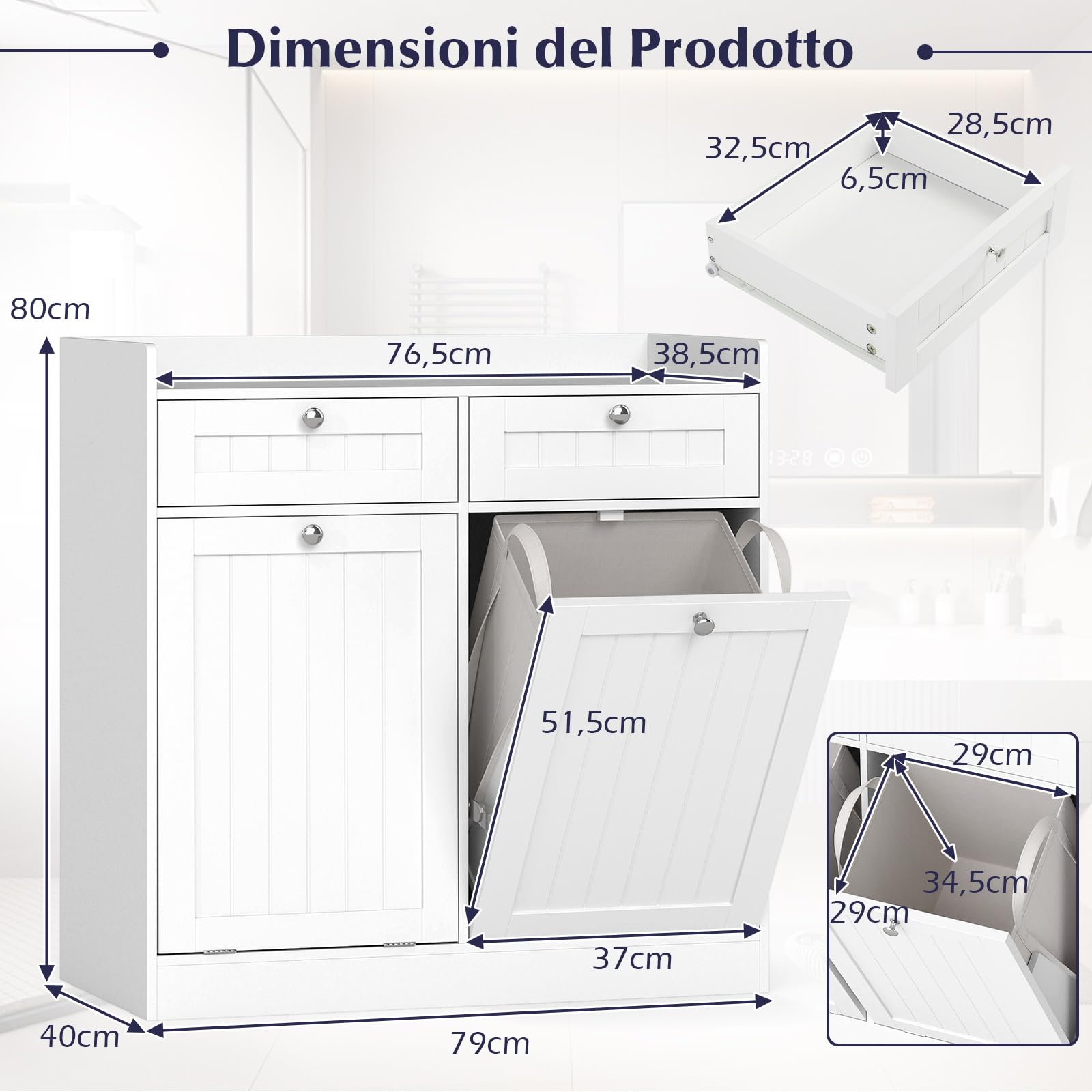 COSTWAY Mobiletto per Biancheria con 2 Cesti Ribaltabili, Mobile da Bagno Indipendente con Ripiano, 2 Cassetti e 2 Sacchi Porta Biancheria Rimovibili, Armadietto in Legno per Bucato (79 x 40 x 80 cm)