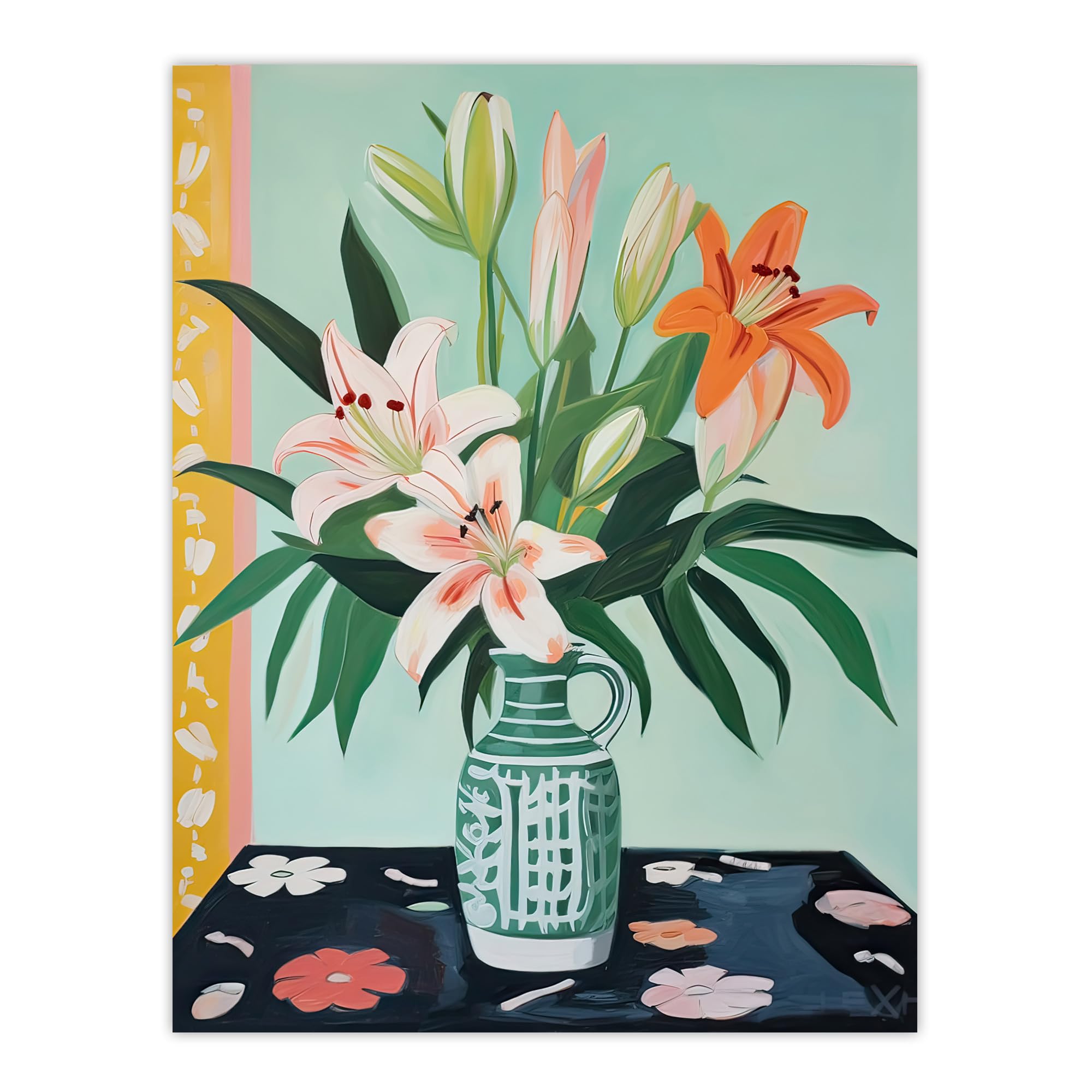 Artery8 Pink Lilies in a Green Vase Colourful Oil Painting Springtime Flowers Floral Still Life Large Wall Art Poster Print Thick Paper 18X24 Inch