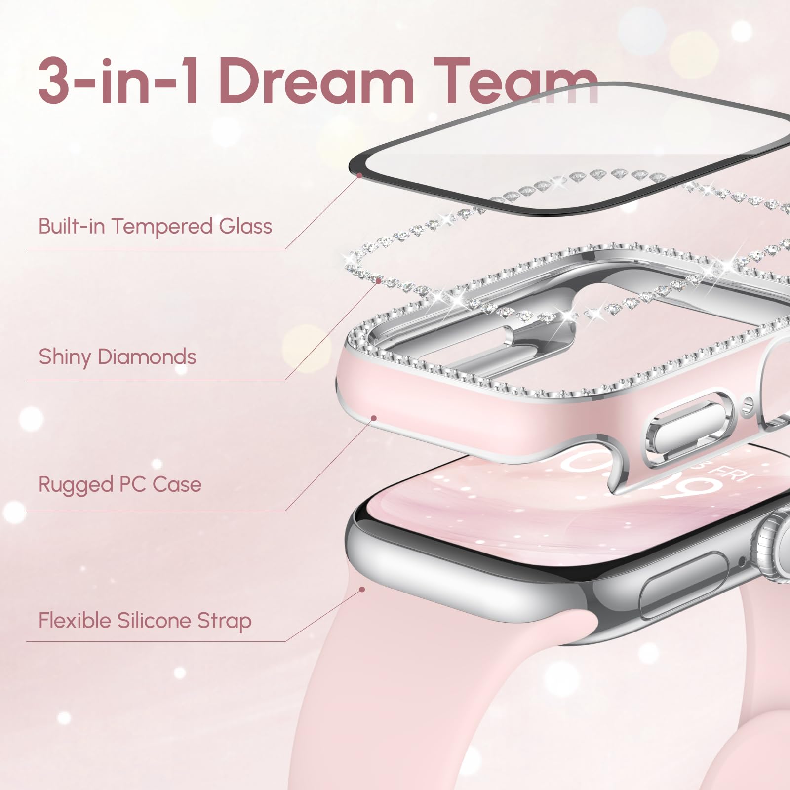 Silicone Band and Case Compatible with Apple Watch Bands for Women 40mm 44mm 41mm 45mm 42mm 46mm, Sport Strap with Bling Diamond Screen Protector Cover for iWatch Series 11/SE3/10/9/8/7/6/5/4 — view 5