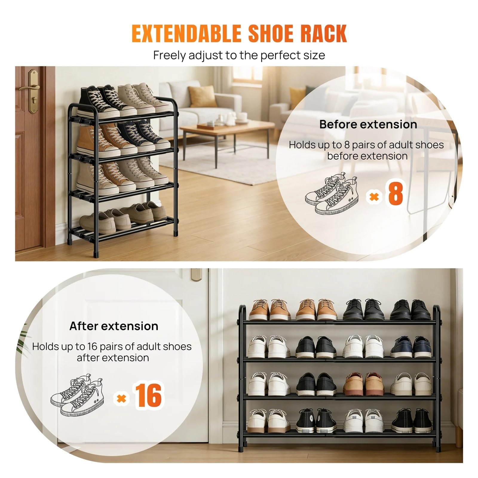 Expandable 2/3/4 Tier Shoe Rack Adjustable Metal Closet