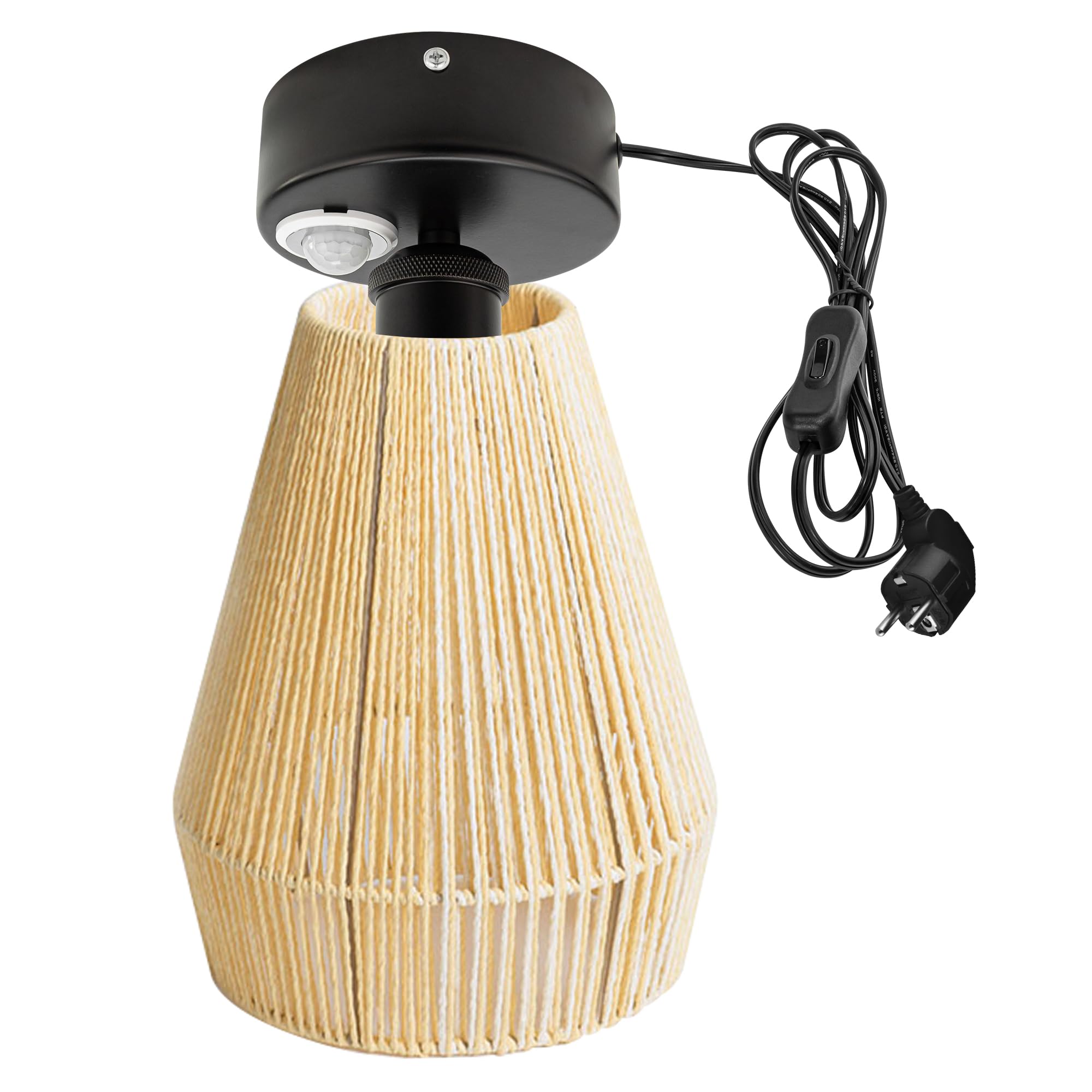 Lampada da soffitto con sensore di movimento interno, giallo boho stile rattan, lampada da soffitto radar, sensore di movimento con cavo da 4,5 m e portalampada E27, per corridoio, bagno,