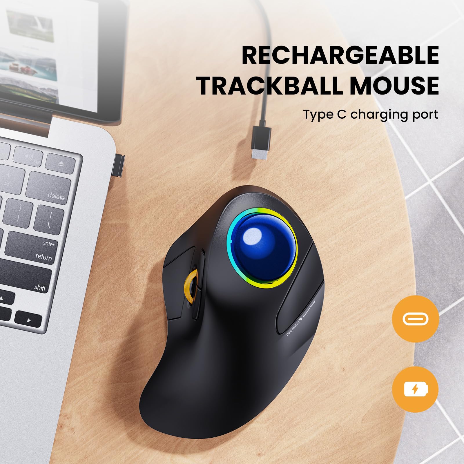 ProtoArc EM03 - Mouse trackball wireless Bluetooth, ergonomico, RGB con trackball, ricaricabile, per computer portatile, connessione a 3 dispositivi, compatibile con iPad, Mac, Windows- Palla Blu