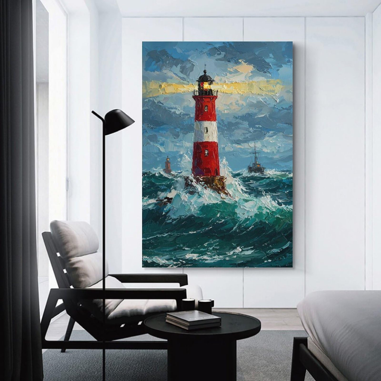 Junmoney Lighthouse Painting Ocean Scene Hanging Wall Art 20x30inch(50x75cm), for Small Homes, Bedrooms Or Open Spaces, An Easy Choice for New Home Styling
