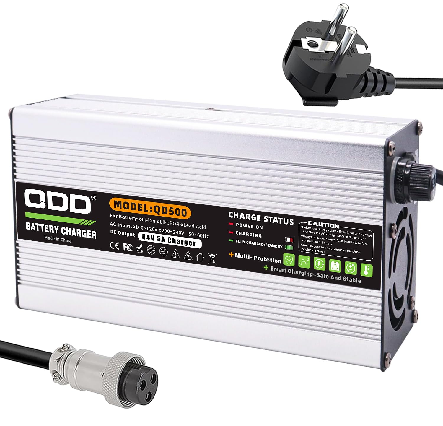 QDD Chargeur de batterie 84 V 5 A sûr et efficace, adapté pour les batteries au lithium 20S 72 V, avec ventilateur de refroidissement (GX16 1 + 3 connecteurs)