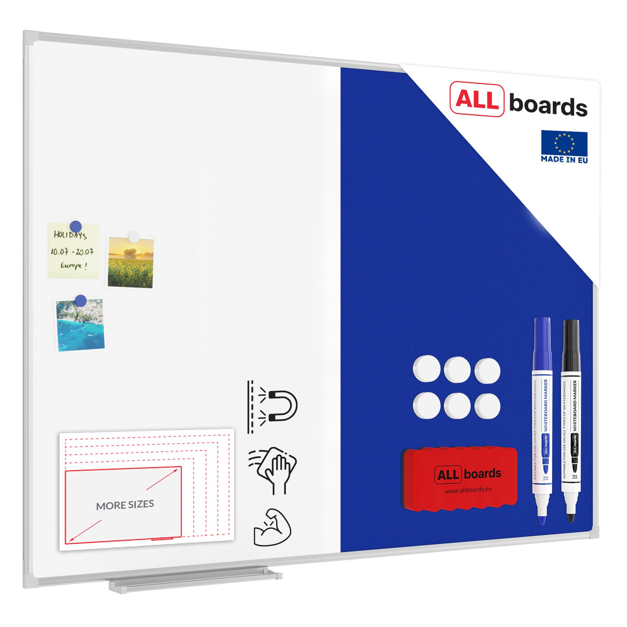 ALLboards 2 in 1 Whiteboard & Felt Board with Aluminium Frame - 120x90cm, Magnetic & Pin Board