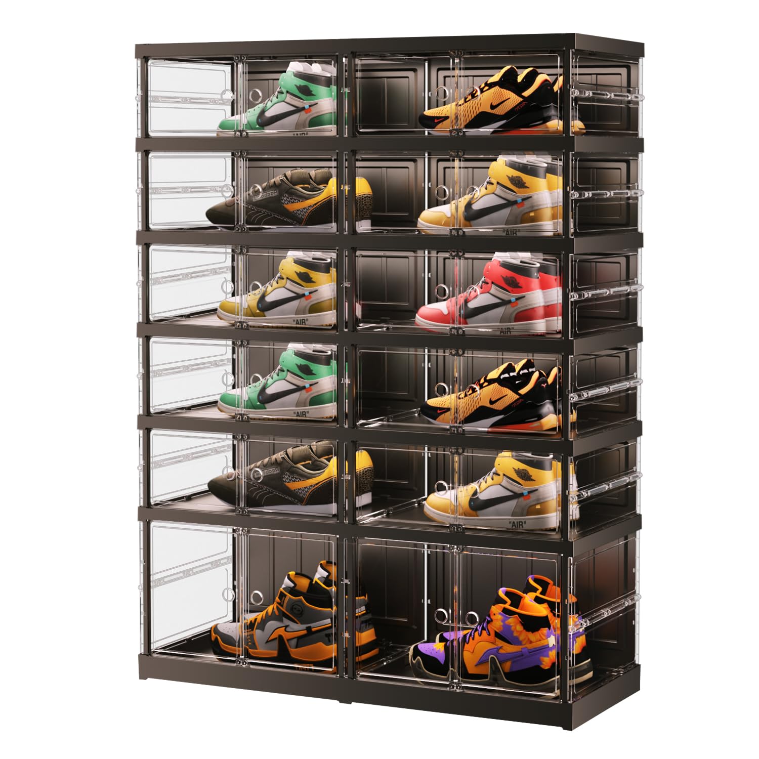 EHAMILY 6 Tiers 12-24 Pairs Foldable Shoe Rack for Closet Plastic Stackable Shoe Boxes for Garage Collapsible Shoes Shelf with Doors Storage Organizer