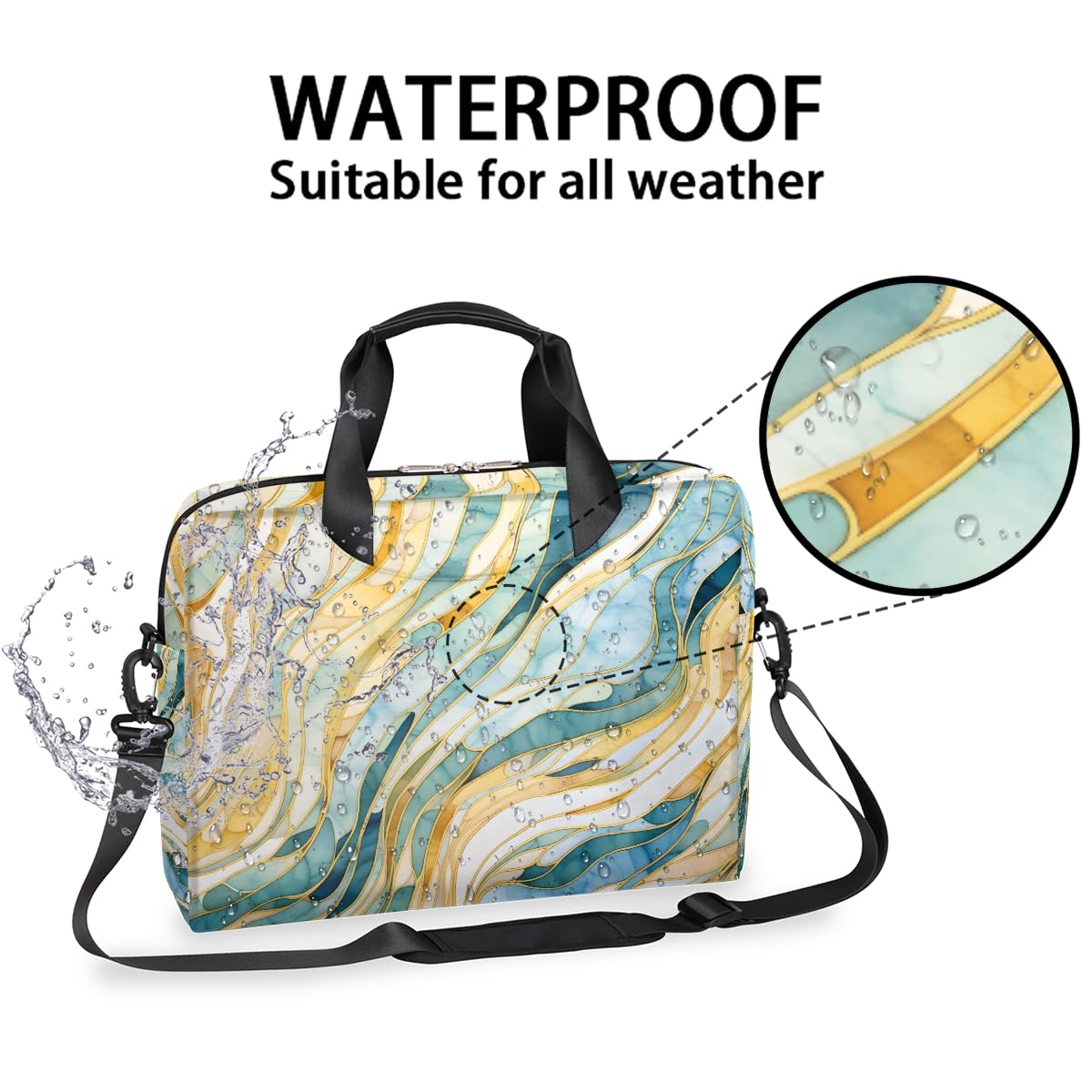 Borsa per computer portatile da 15,6 pollici turchese verde oro linea marmo custodia per laptop impermeabile borsa a tracolla per donne uomini, Nero