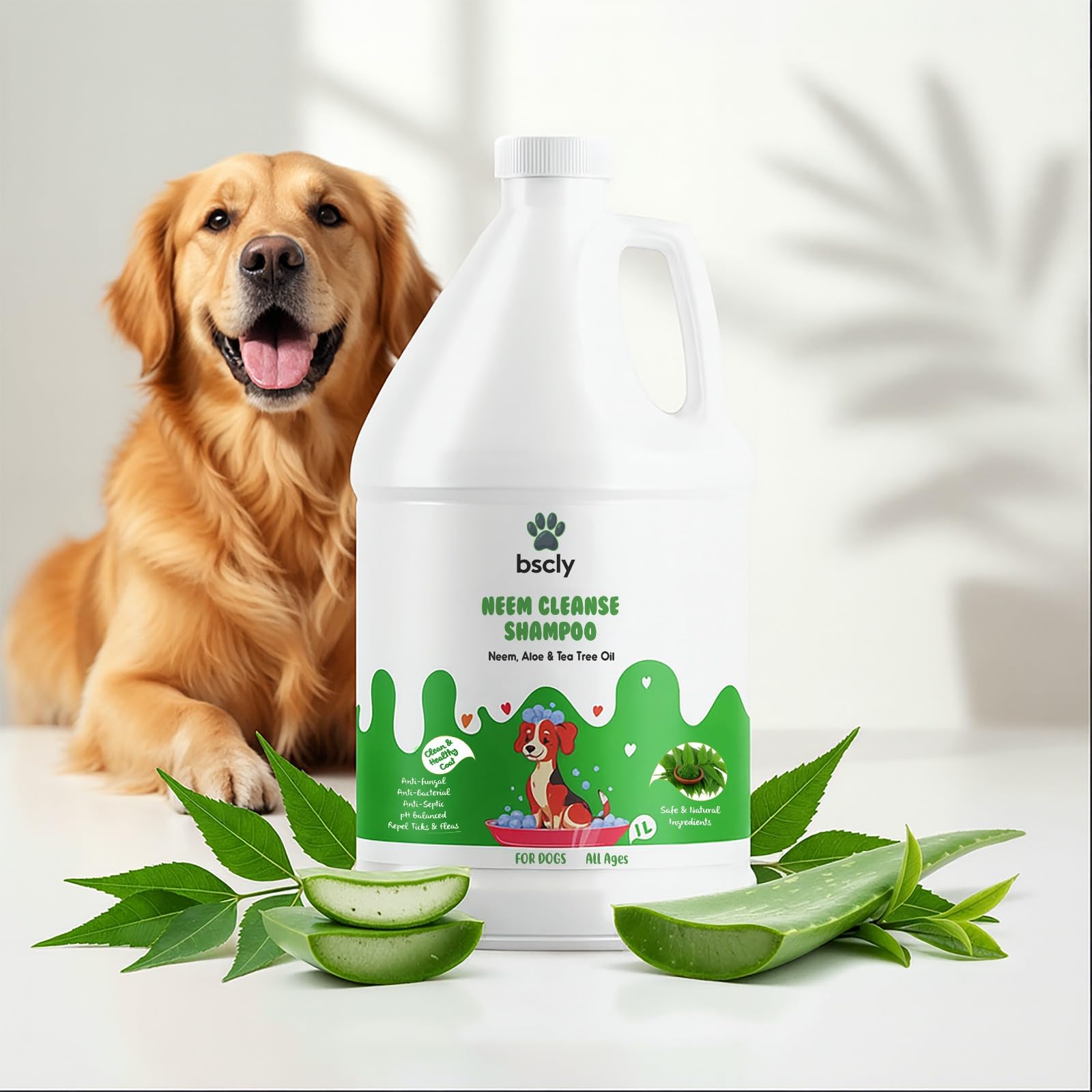 Bscly Neem Herbal Dog Shampoo 1000ml – Puppy Safe Anti Ticks and Fleas Dog Shampoo | Enriched with Aloe & Neem Oil | pH Balanced | All Breeds | Regular use Coat Cleansing Shampoo for Pets