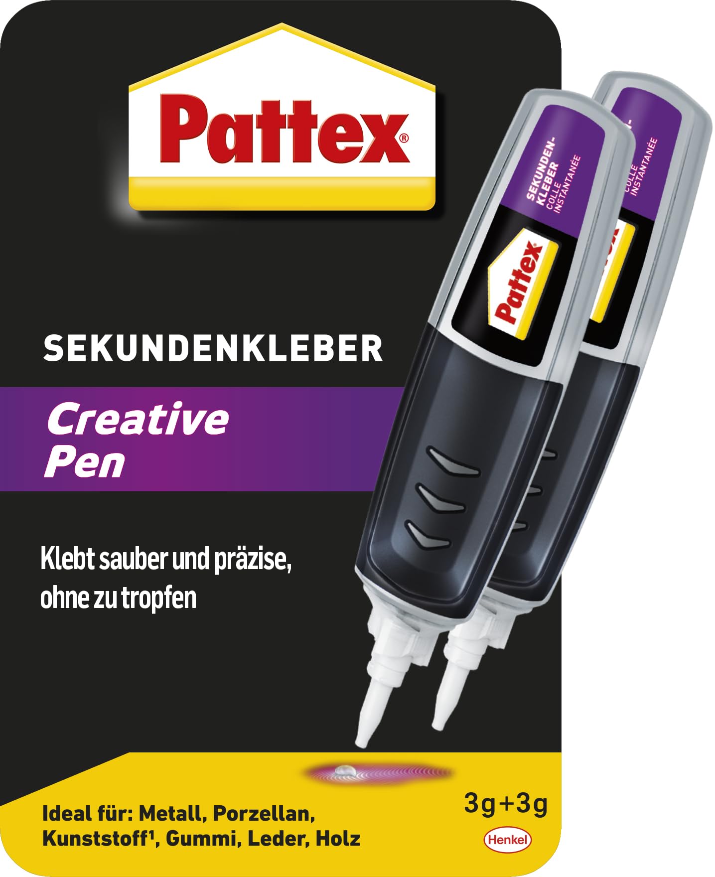 Pattex Creative Pen (2er-Pack x 3g), Sekundenkleber extra stark und präzise für punktgenaues Dosieren, Superkleber Stift für Materialien wie Holz, Gummi und Porzellan