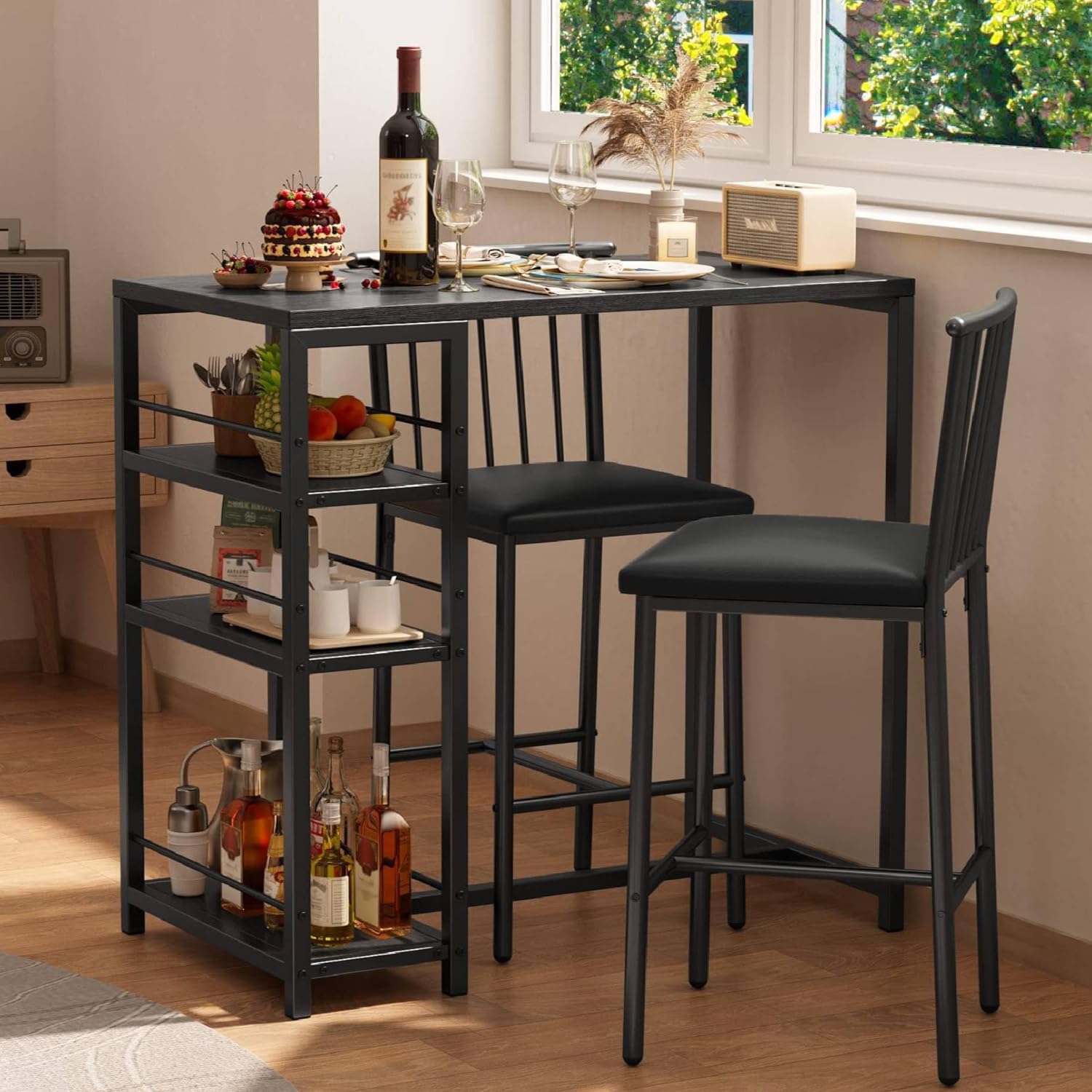 Gizoon Dining Table Set for 2 with 3 Storage Shelves, Kitchen Table and Chairs for 2 with Pu Cushion Chairs & Thick Wood Top, 3 Piece Dining Table Set for Small Space, Apartment - Black