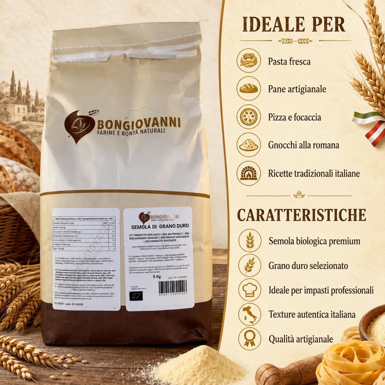 BONGIOVANNI FARINE E BONTA' NATURALI Semola di Grano Duro 5Kg BIO
