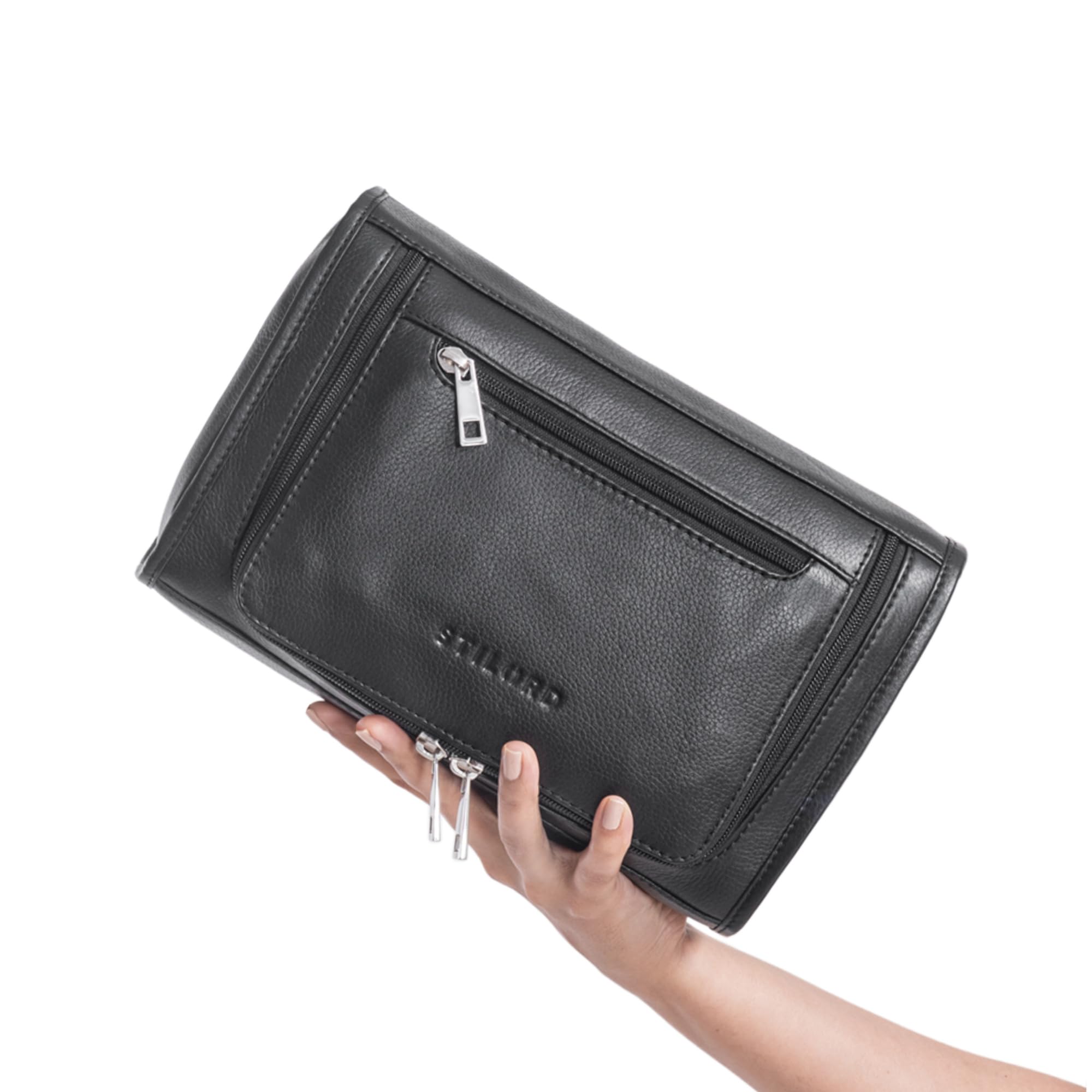 STILORD Juri Leder Kulturbeutel Groß für Damen und Herren Unisex Waschtasche für Unterwegs Kosmetiktasche aus Hochwertigem Echtleder Farbe:schwarz