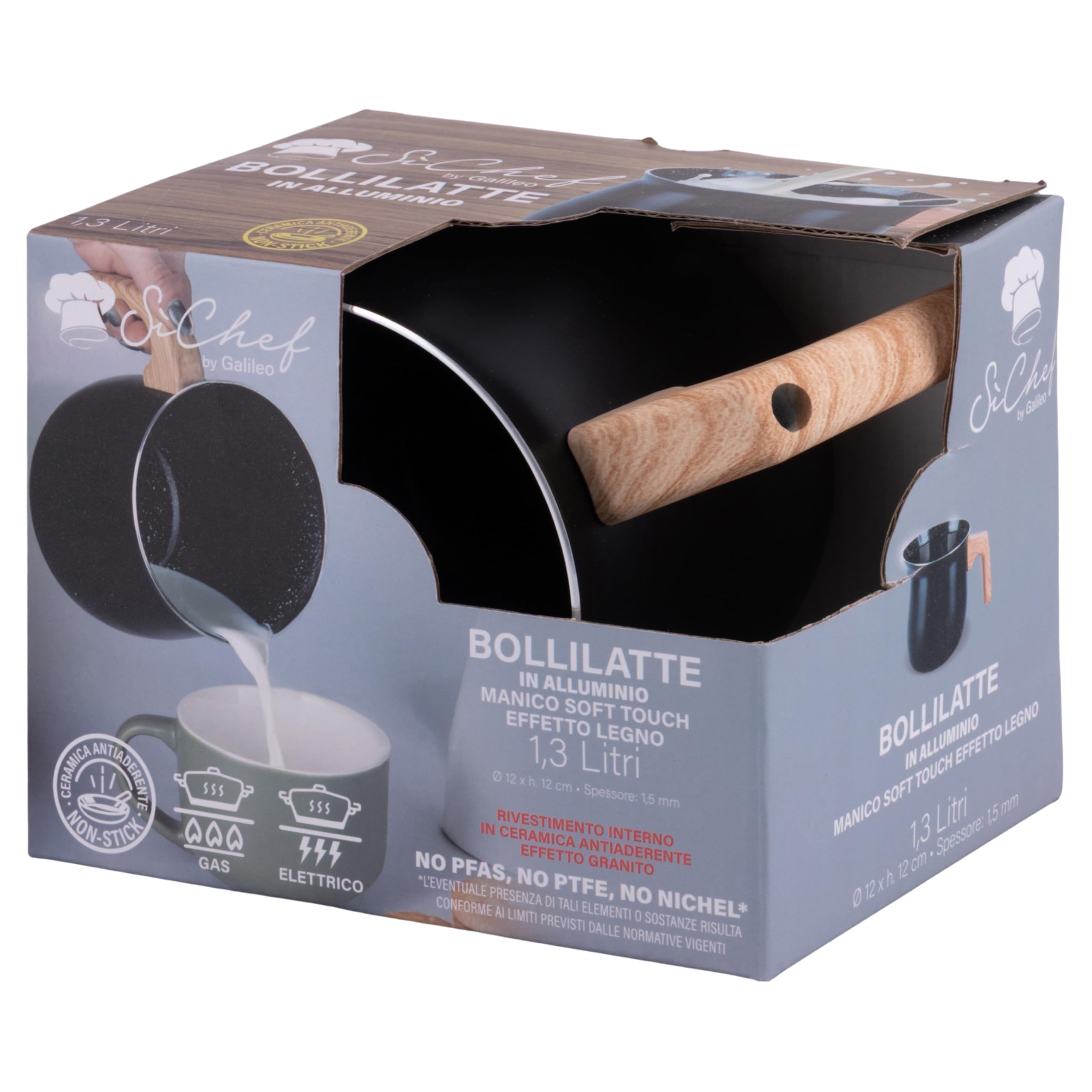 Bollilatte in alluminio 1,3 L, rivestimento interno in ceramica, impugnatura effetto legno, SìChef