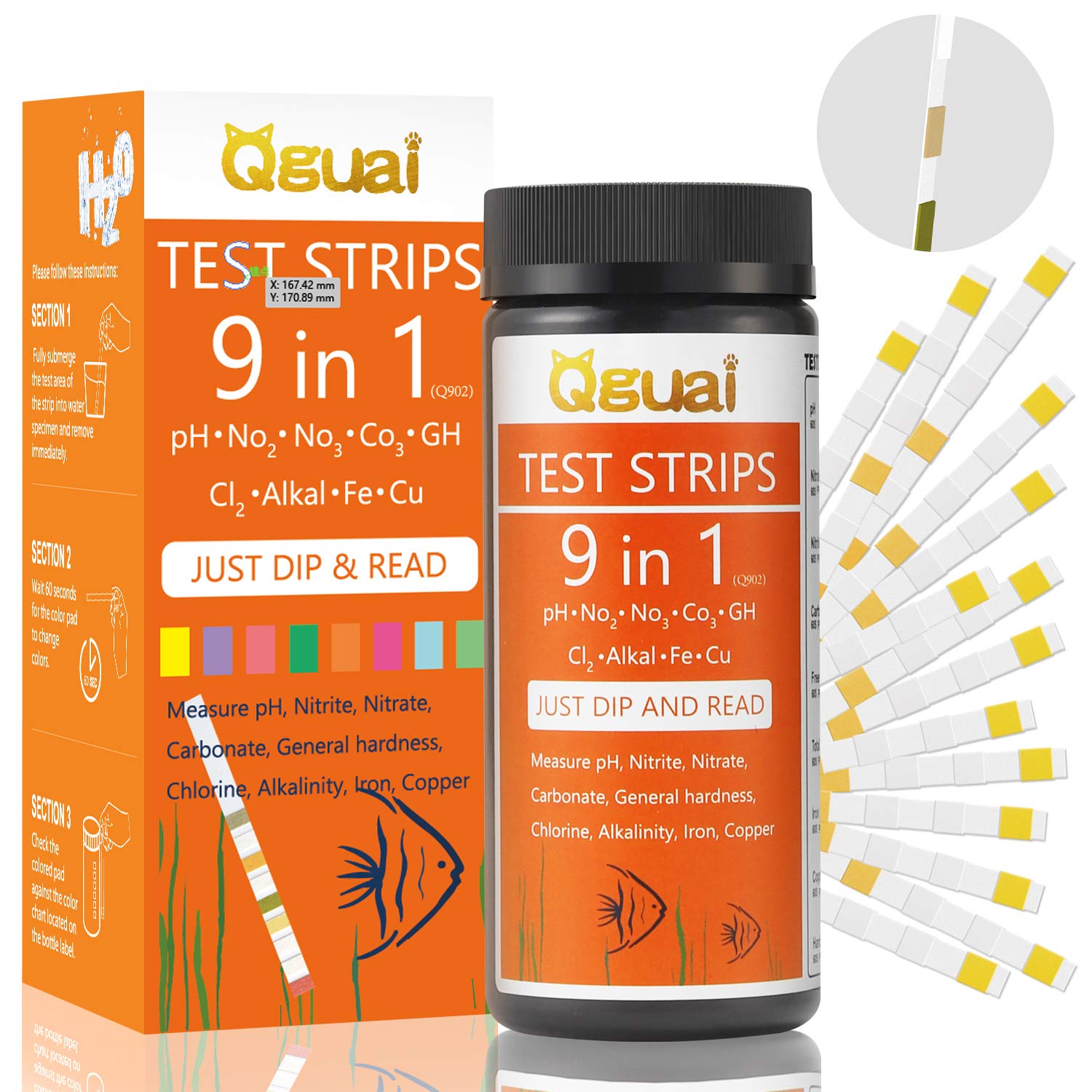 Aquarium Test Strips, 9 in 1 Aquarium Water Test Kit for Freshwater Saltwater Pond Water Fish Tanks, Help Prevent Invisible Problems by Monitoring Nitrate, Nitrite, PH, Free Chlorine and More