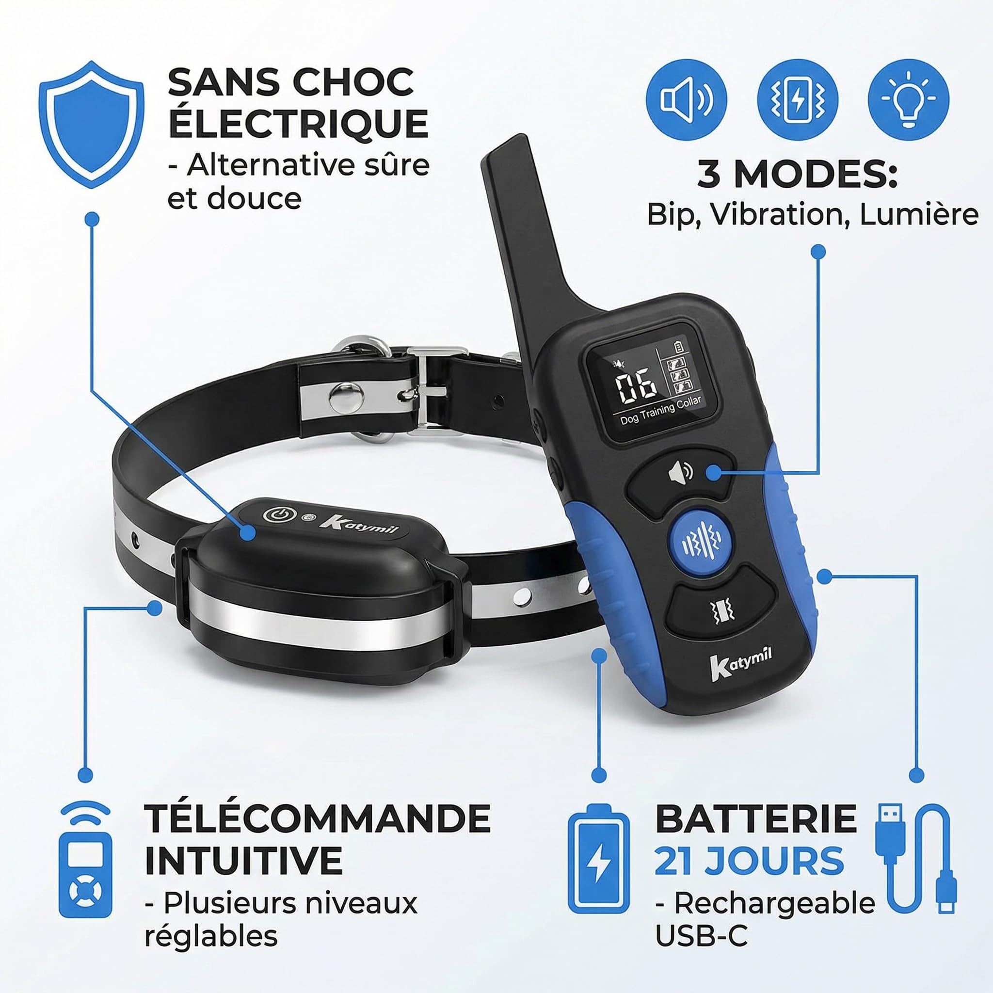 Collier de Dressage pour Chien sans Choc Électrique avec Télécommande, Ebook Éducatif Inclus, Vibration et Lumière – Étanche IP67 – Adapté à Tous Les Chiens – KATYMIL