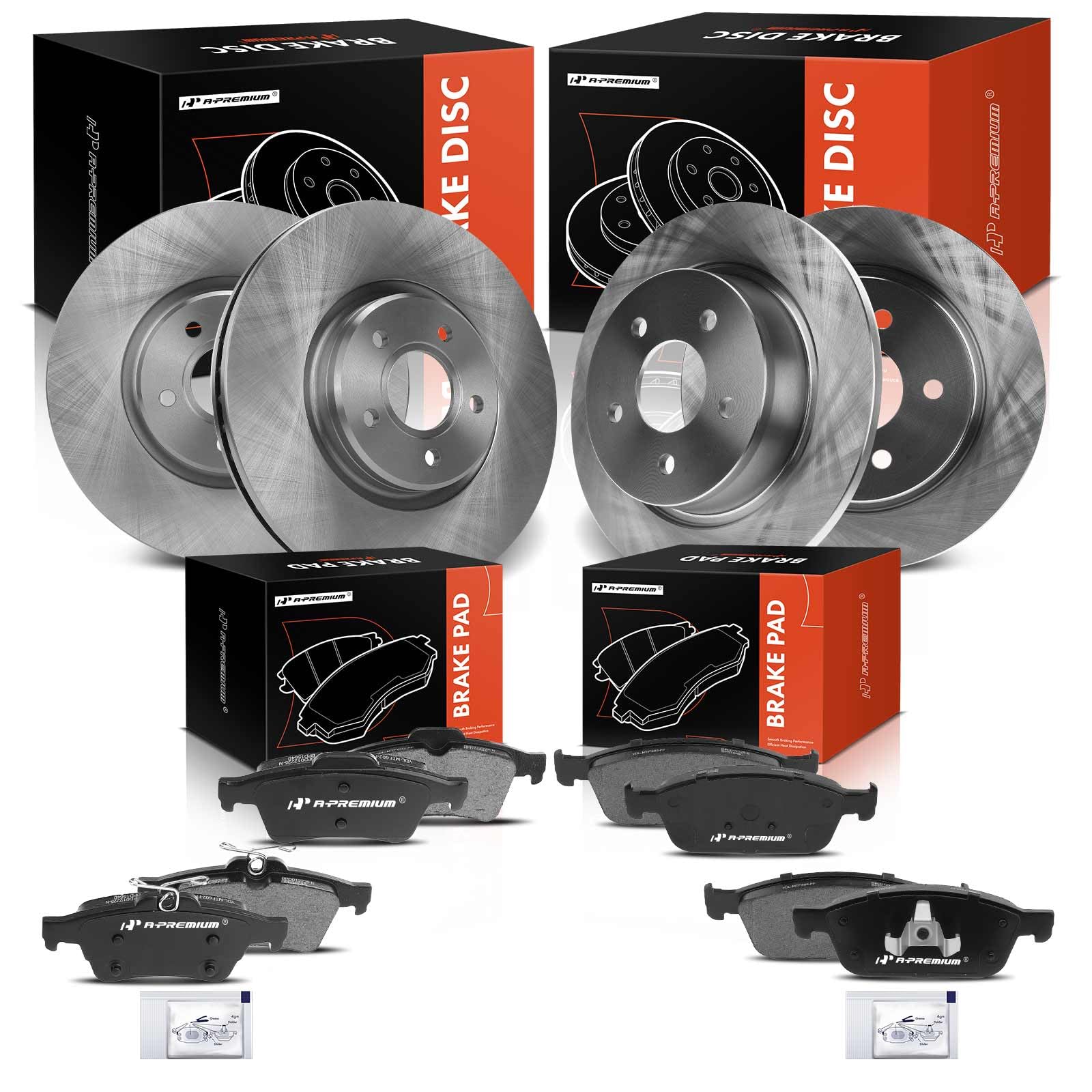 a-premium front vented and rear solid disc brake rotors + ceramic pads kit compatible with select ford models - escape 2013-2016, transit connect 2014-2018, 12-pc set