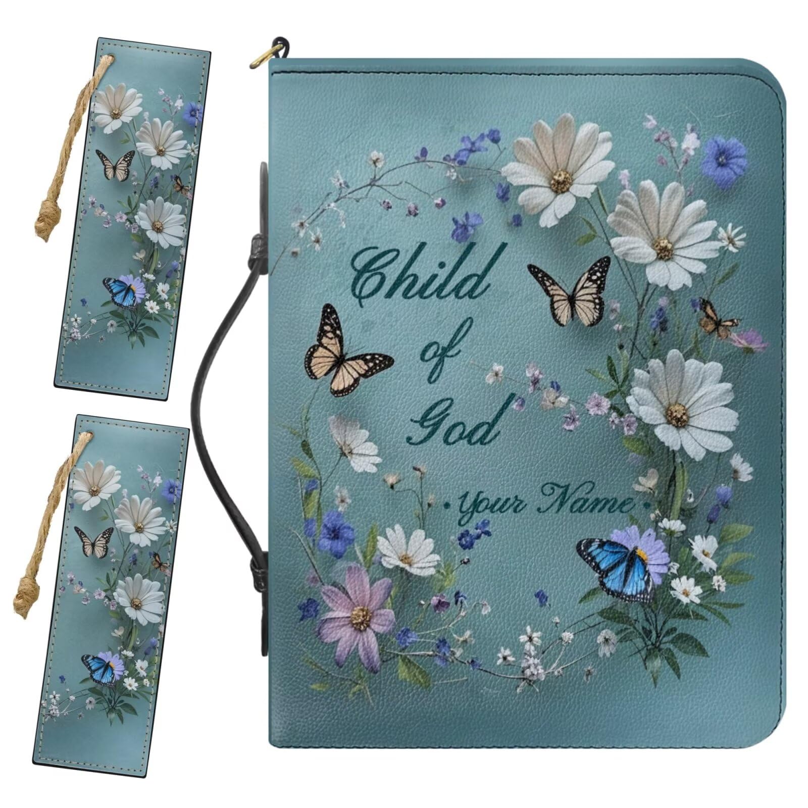 Drnuikhe Custom Bible Carrying Case for Women, Personalized Bible Cover with Name, Butterflies and Daisies Print Bible Organizer with 2 Bookmarks Handle Inner Pockets Pen Loop, Bible Study Supplies