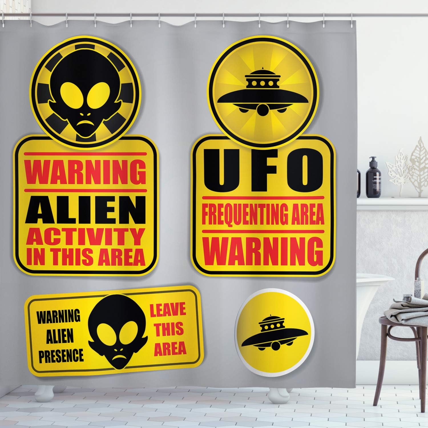 Ambesonne Outer Space Shower Curtain, Warning Alien UFO Sign Face of Martian Creature Danger Horror Theme Print, Cloth Fabric Bathroom Decor Set with Hooks, 69" W x 84" L, Black Yellow