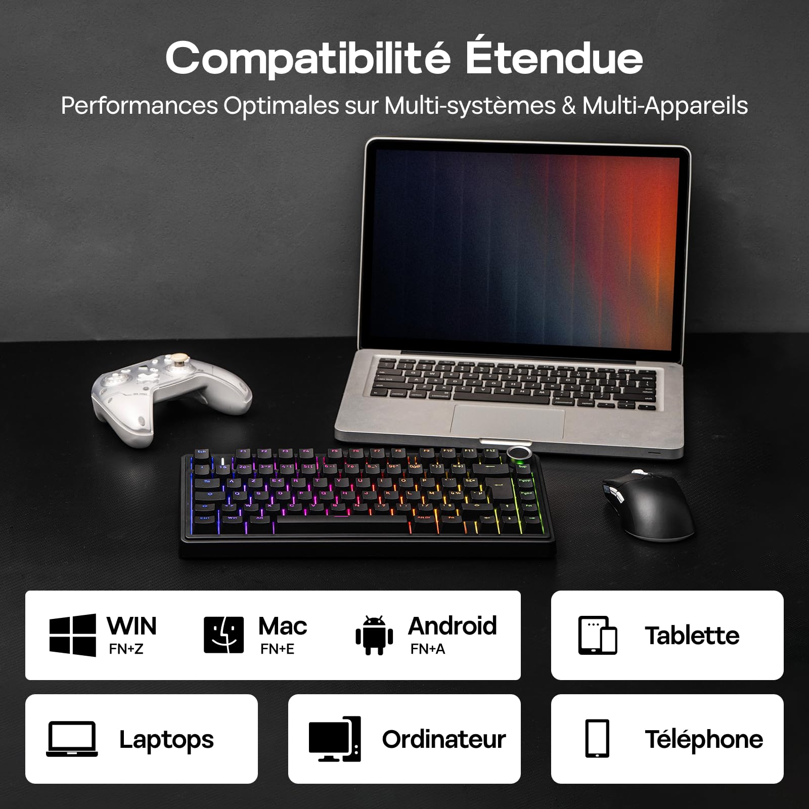 EPOMAKER Aula F75 ISO-FR Clavier Mécanique sans Fil, AZERTY 75%, Clavier Gaming Français avec Bouton Rotatif, RVB, Hot-Swap, Montage Gasket, Son Crémeux, BT/2.4Ghz/Filaire