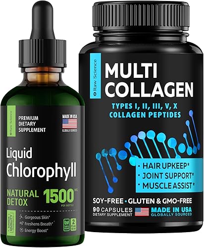 S RAW SCIENCE Apoyo inmunológico y desodorante interno, cabello y uñas saludables, cápsulas de colágeno múltiple 150 unidades y clorofila líquida