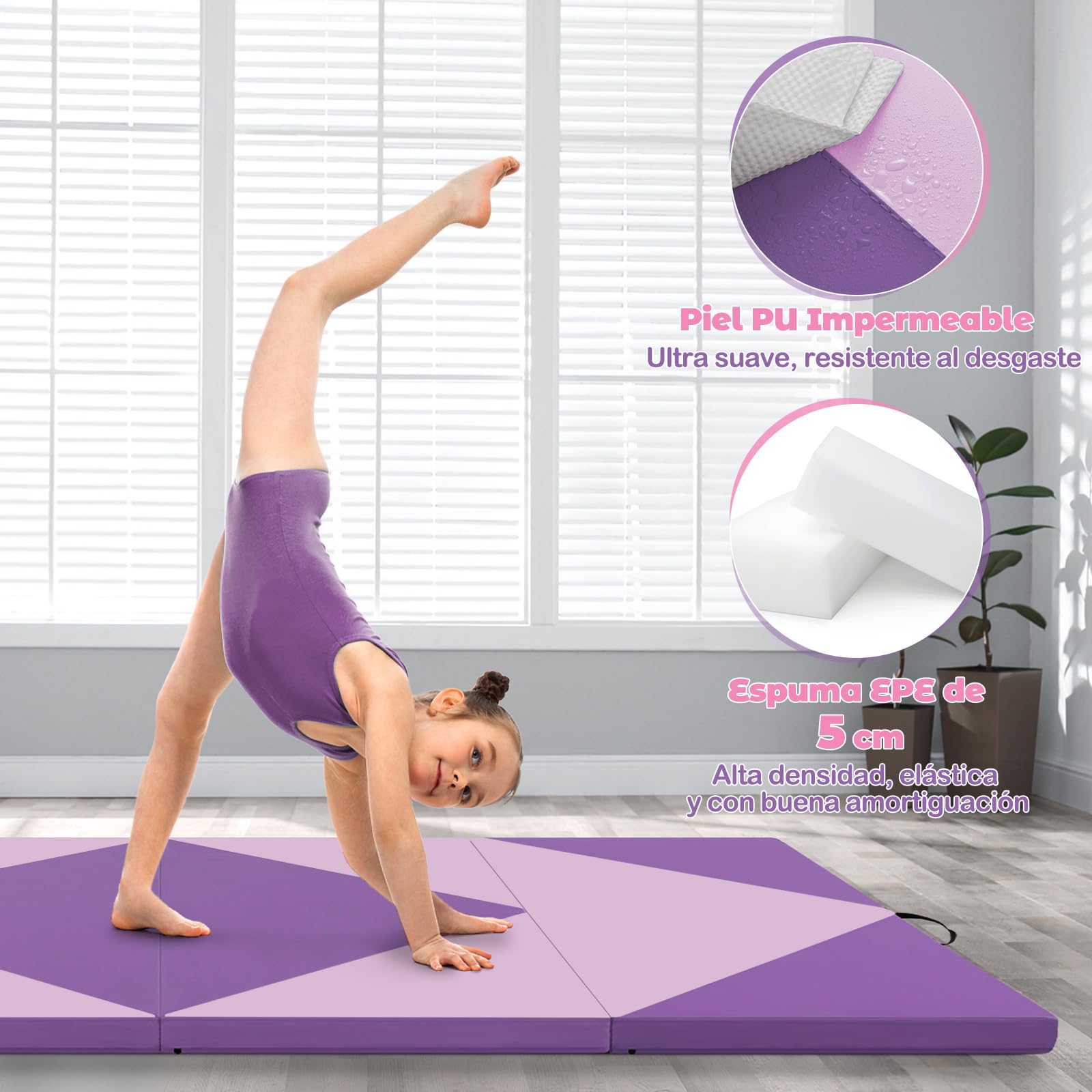 GOPLUS Colchoneta de Gimnasia Plegable, 240x117x5cm, Esterilla de Entrenamiento de Cuero Artificial con Asas de Transporte, Alfombra de Suelo para Fitness Yoga (Morado + Rosa Claro)