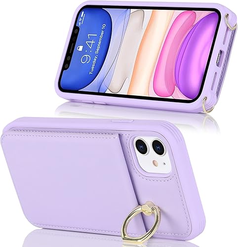 Miniatura 7 de Funda para iPhone 11 con tarjetero para mujer, iPhone 11 con ranuras para tarjetas de crédito, cruzada con soporte de anillo, a prueba de golpes,