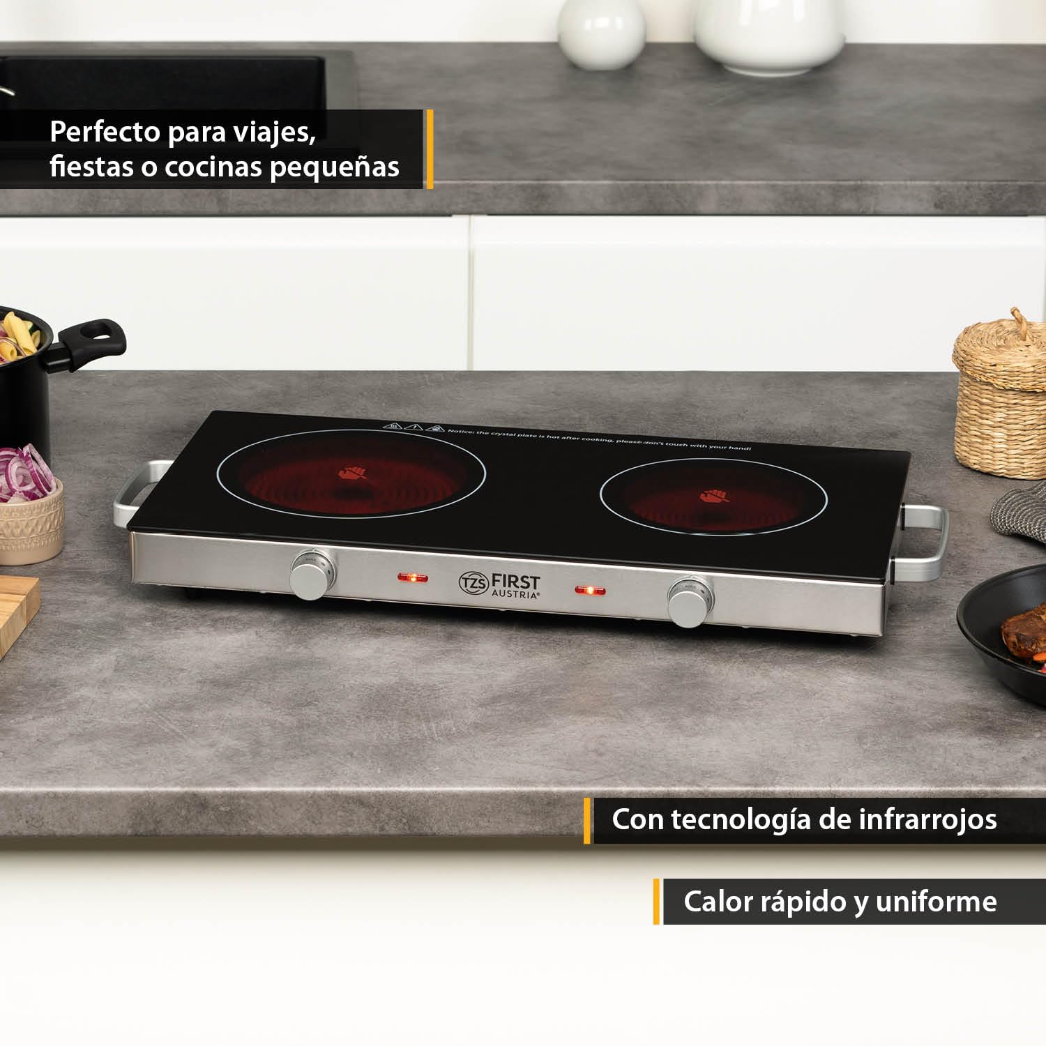 TZS First Austria - Placa de cocción doble infrarrojos vitrocerámica TODOS los tipos de ollas 2800W - Mini Hornillo eléctrico para mudanza, camping y hogar - Regulación continua y luz de control