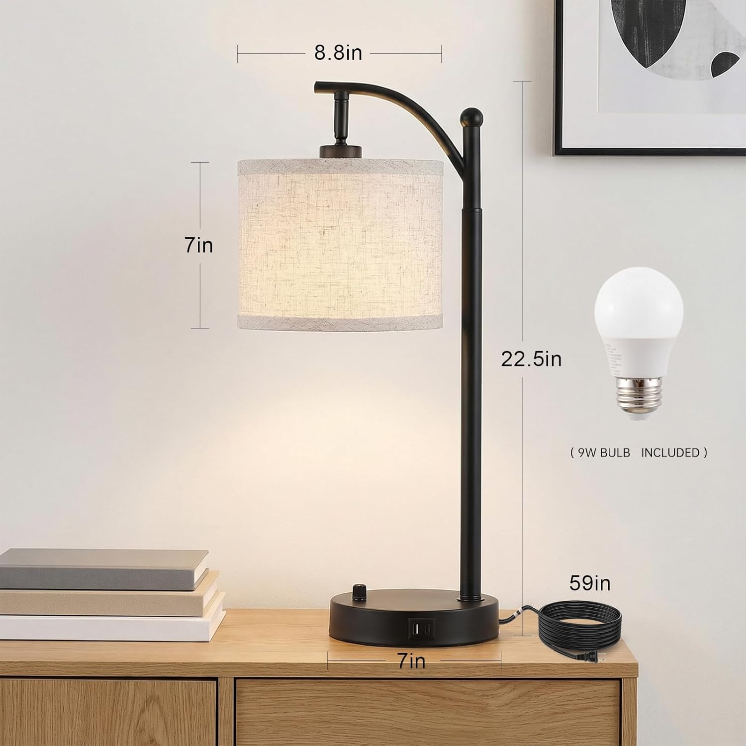 Arc Table Lamp Set of 2, Bedside Lamps with A+C Charging Ports, Stepless Dimmable Modern Standing Lamp with Adjustable Brightness, Desk Light for Living Room, Bedroom, Office Reading, Black