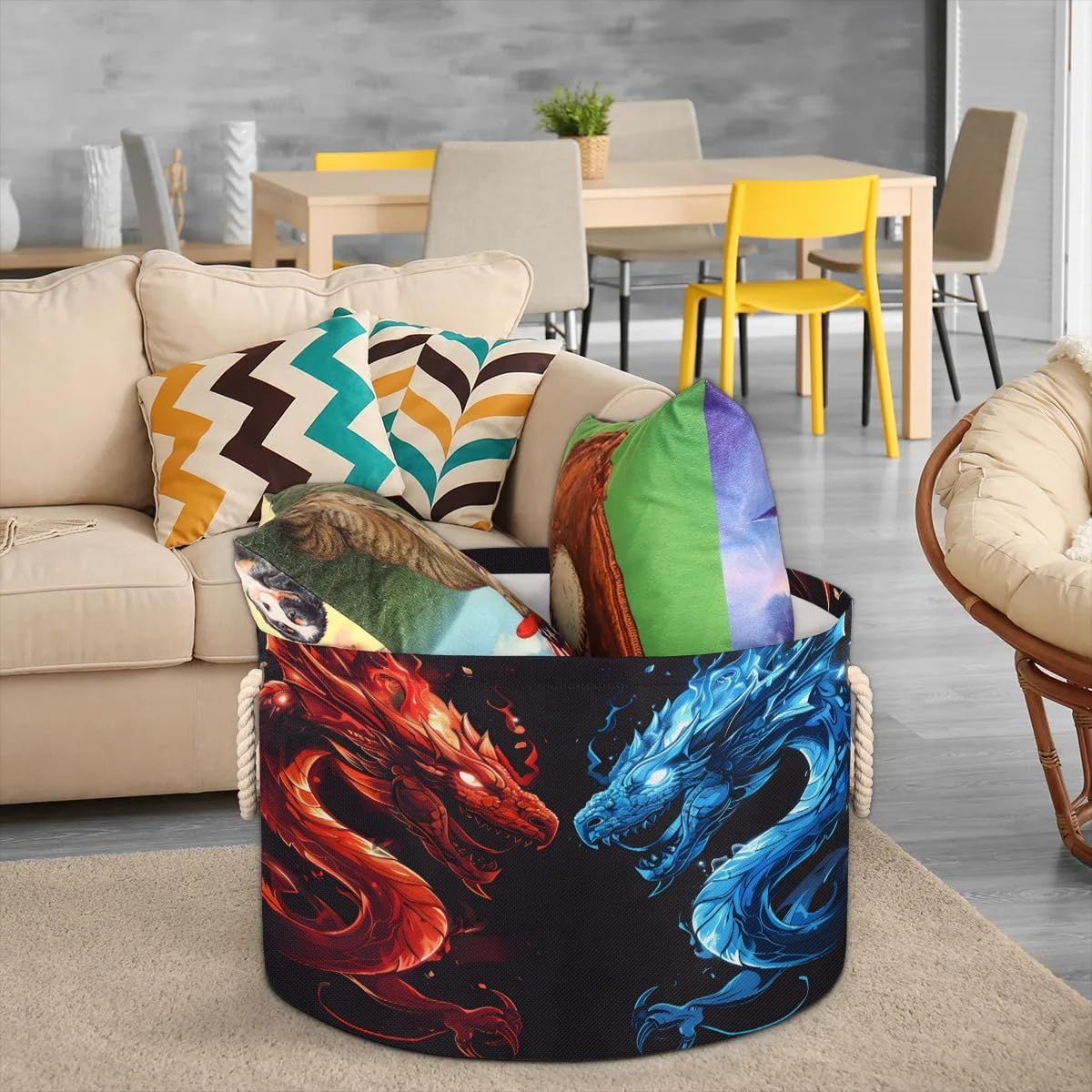 Animal Dragon Large Round Storage Basket Circle Laundry Basket with Handle Organization Collapsible Storage Bins Box Hamper for Kids Toy Clothes Nursery Bedroom Living Room Decor