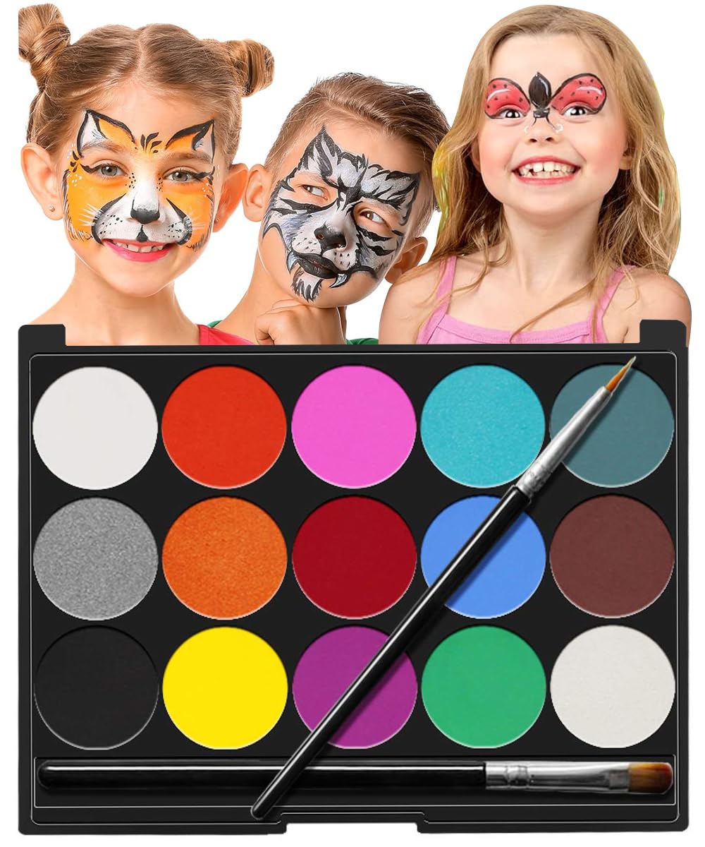 Pintura de Cara para Niños, 15 Colores Pintacaras Infantil con 2 Pinceles, Maquillaje Niñas, Fácil de Aplicar y Limpiar, Pintura de Cara para Niños Halloween Fiestas Cosplay Semana Santa