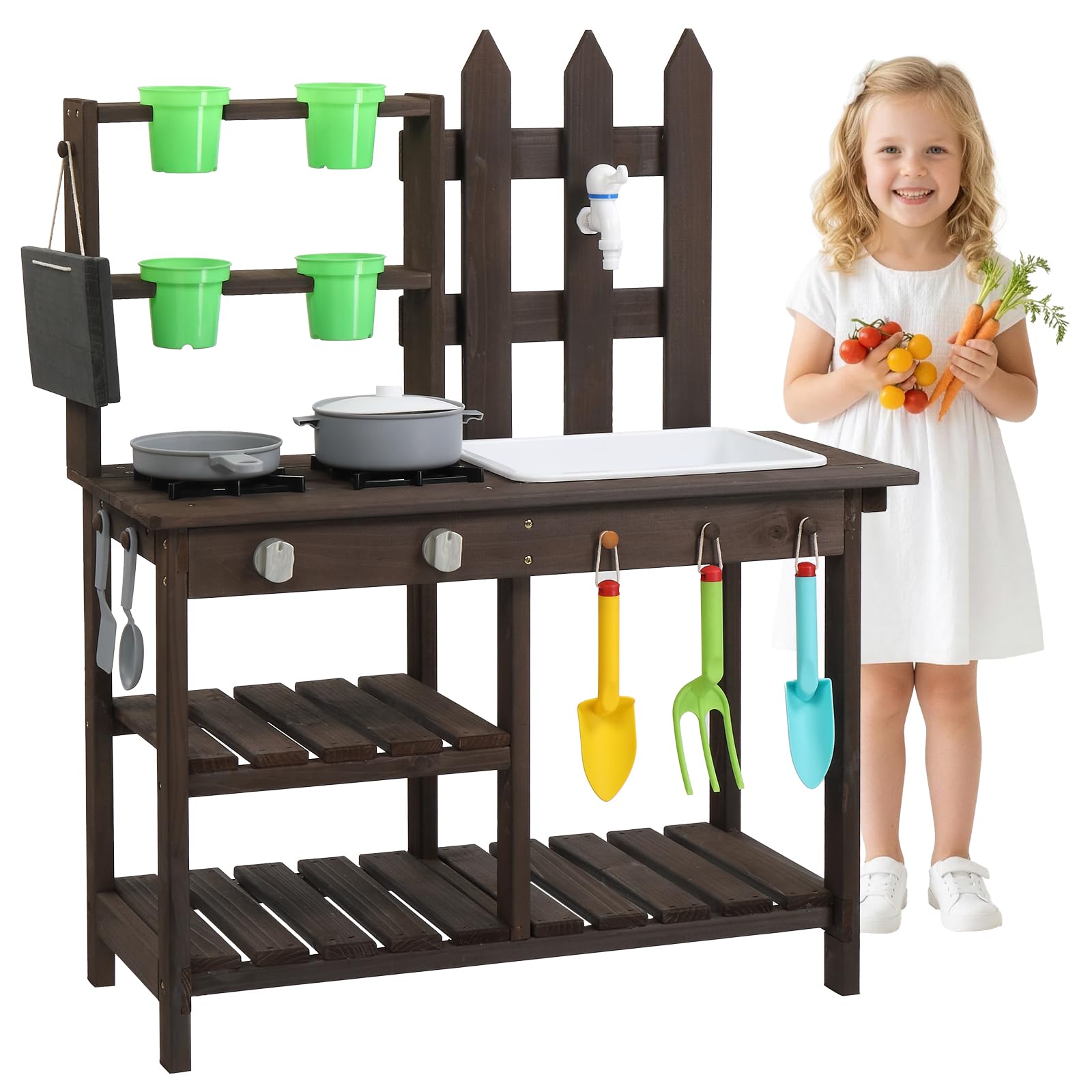 LEADZM Spielküche Gartenspielküche Matschküche Kinder Outdoor mit Spüle, Blumentopf, Wasserhahn, Kinderküche mit Herd, geeignet für Kinder ab 6 Jahren, Dunkelbraun