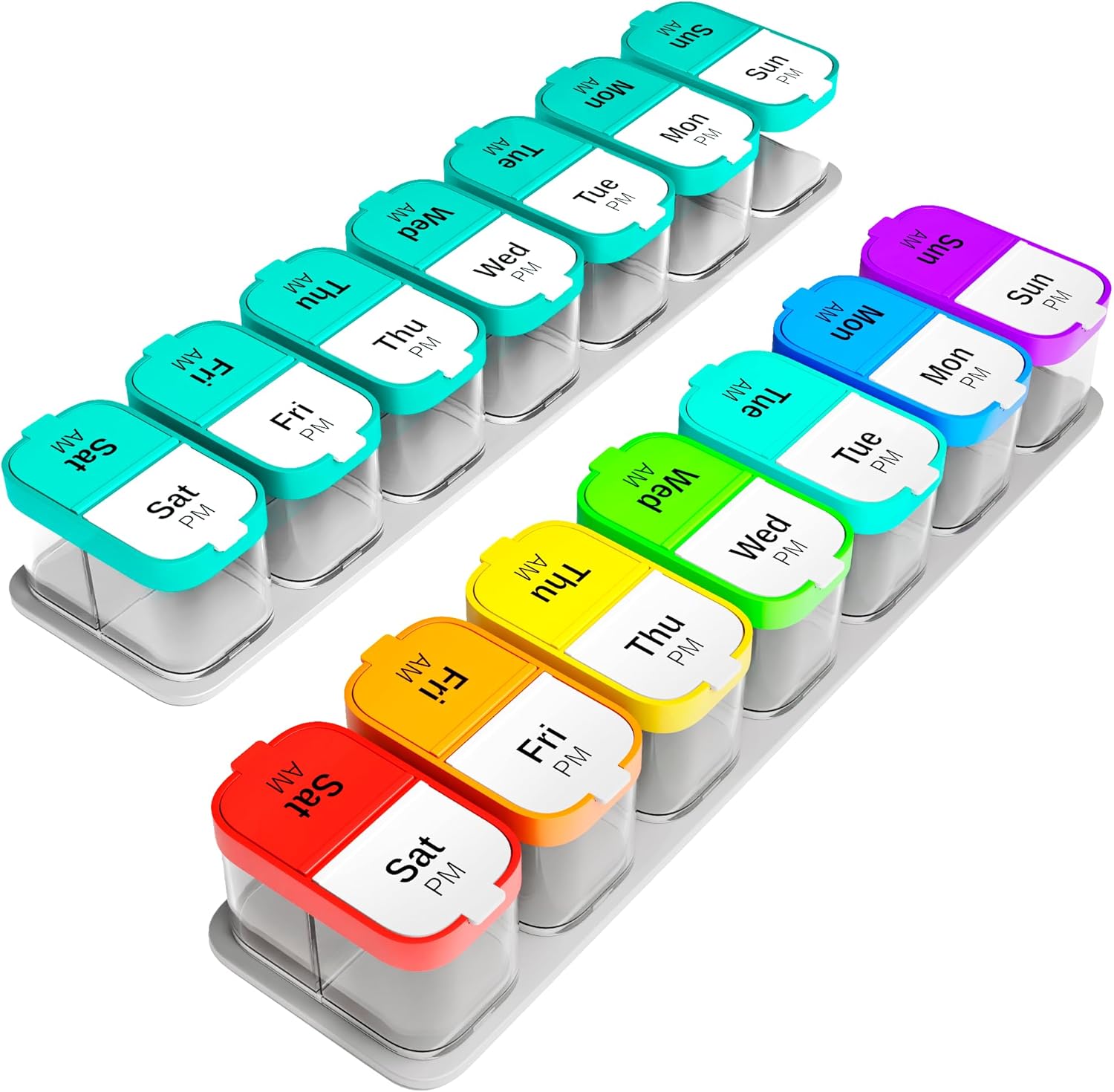 Extra Large Weekly Pill Organizer Set - 2 XL Vitamin Holders with 7 Detachable AM PM Compartments - Reliable Medicine Dispenser for Home and Travel, Portable Supplement Container, Rainbow & Mint/White