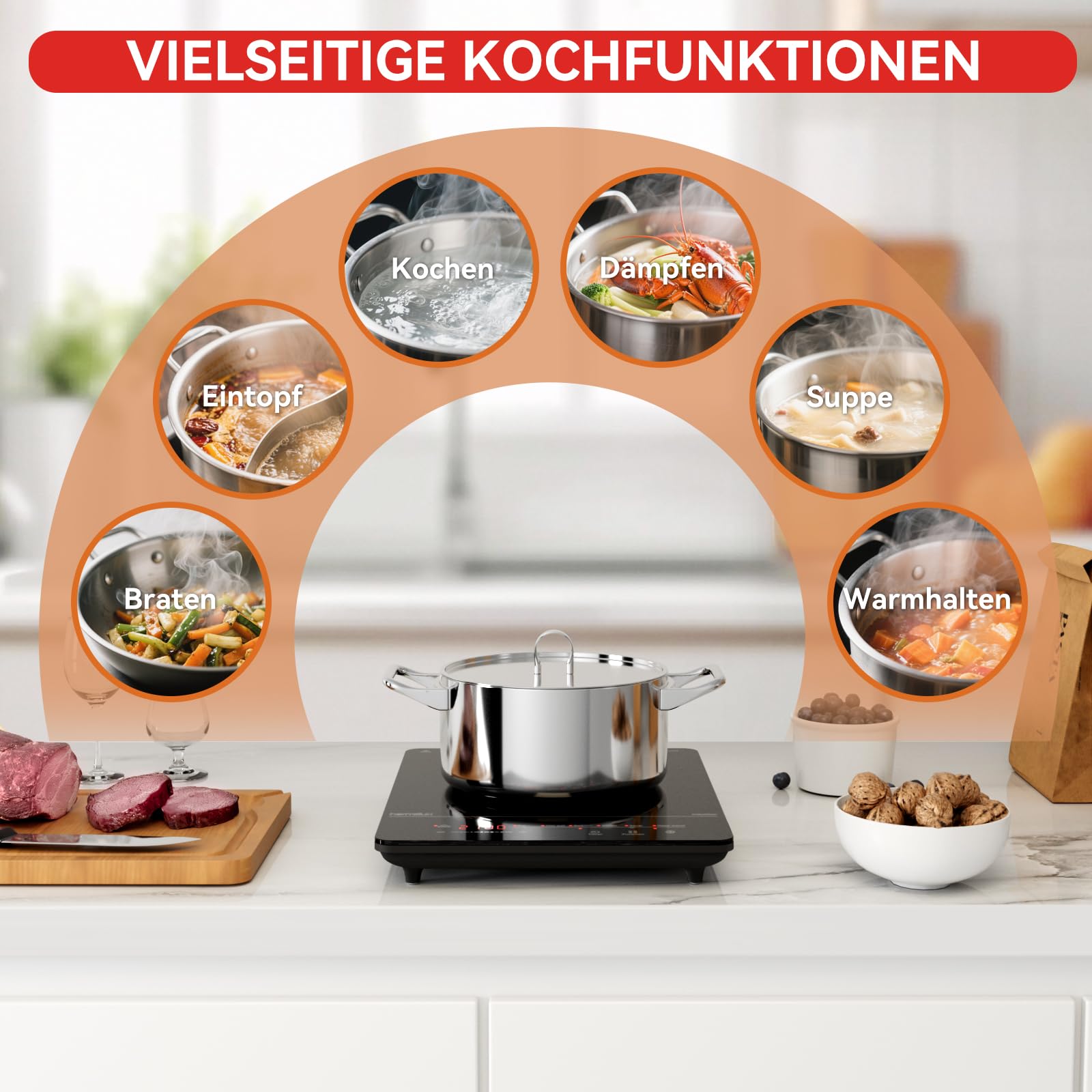 Hermitlux Induktionskochfeld 1 Platte 2100W 28cm mit Timer Touch-Steuerung 9 Leistungsstufen Kindersicherung Glaskeramik