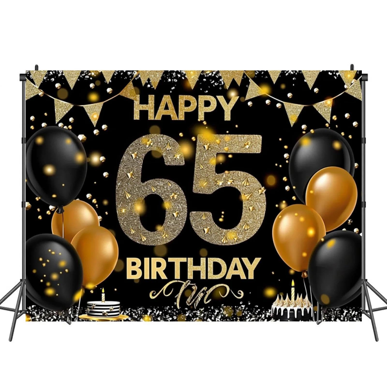 modischer Hintergrund für die 65. Geburtstagsparty, schwarz-goldene Polyesterfahne mit Luftballons und Bändern 350x230cm
