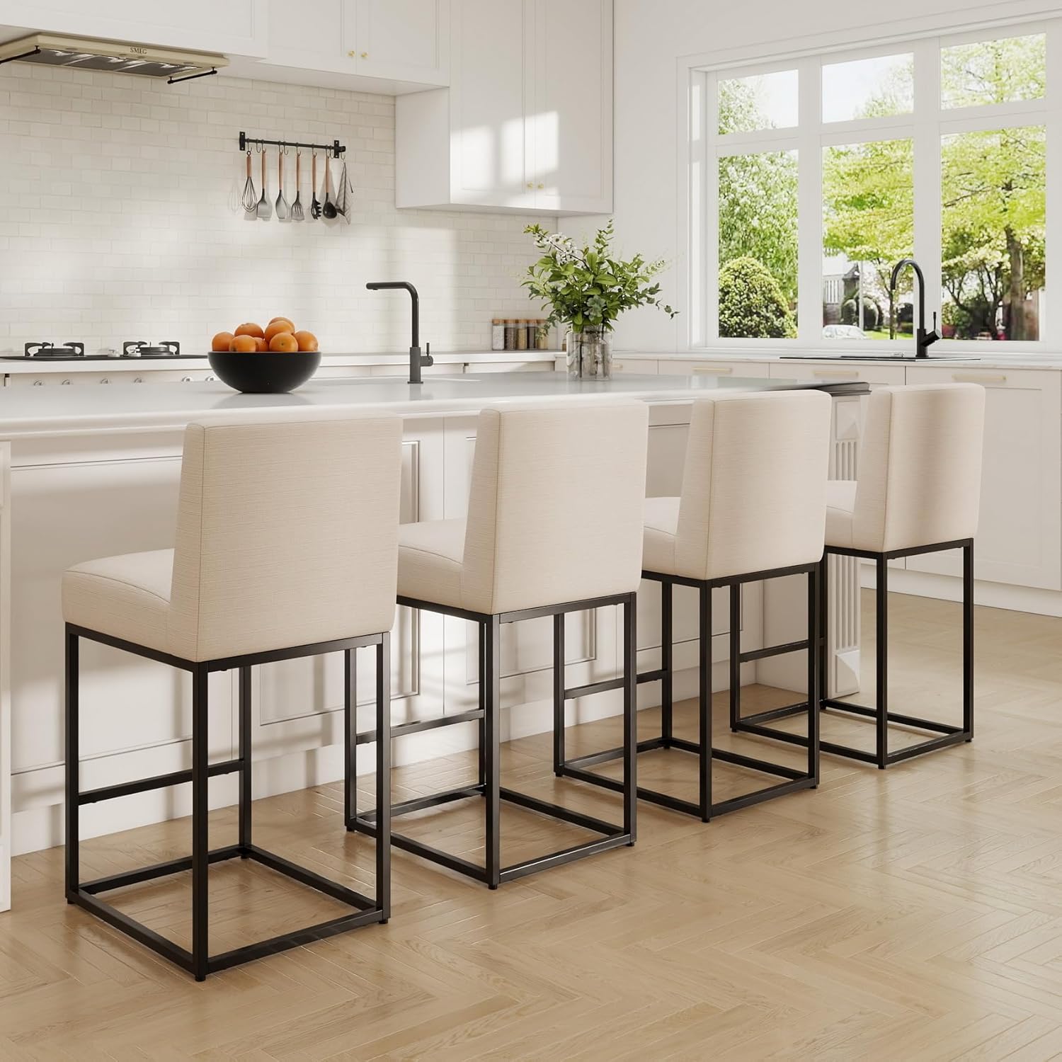 BESTANO 27" Counter Height Bar Stools Set of 4, Linen Upholstered Kitchen Island Stools with Padded Back and Black Metal Frame for Counter Island, Cream