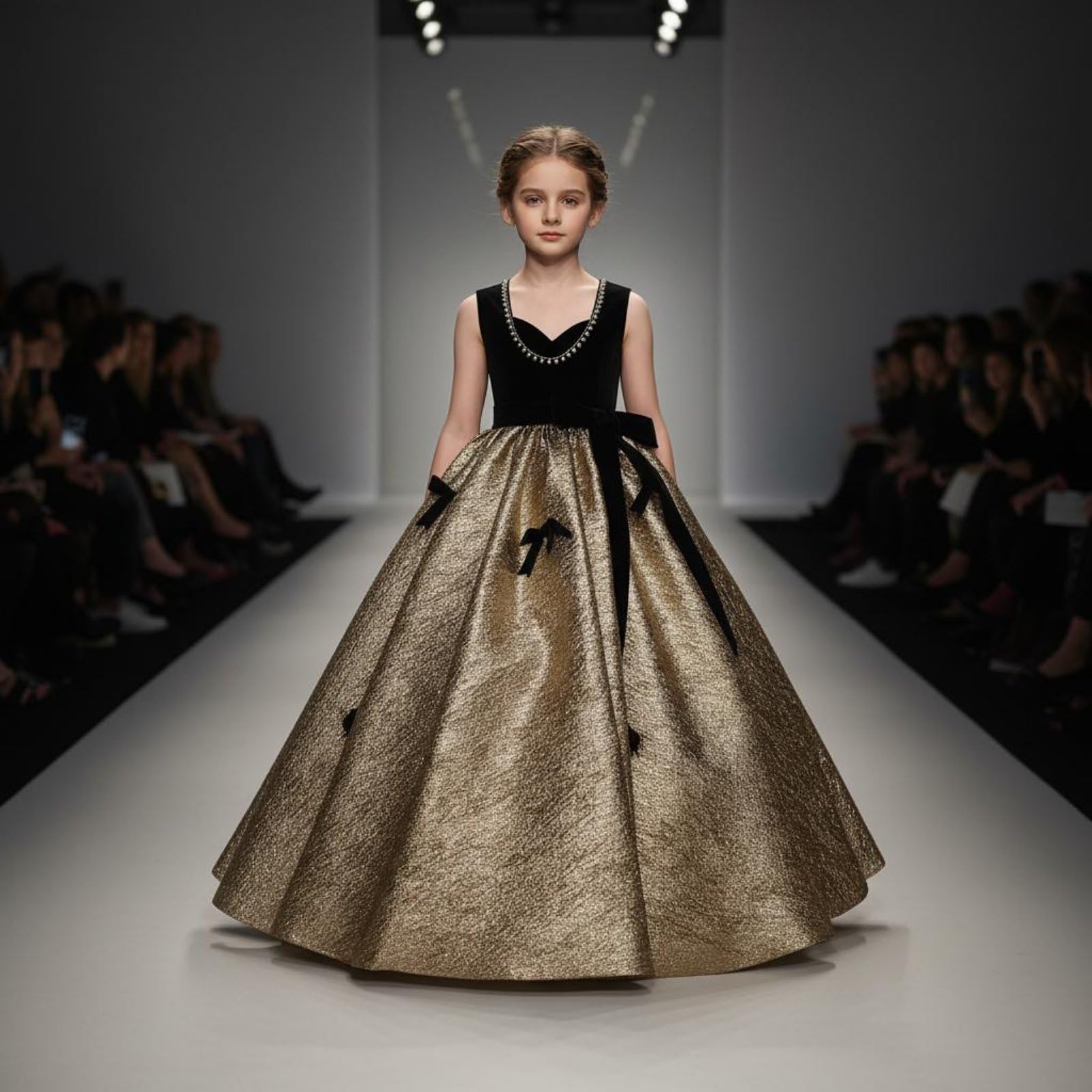 Abito Bambina Abito Cerimonia Vestito Festa Abito Principessa Abito Spettacolo con Linea Ball Gown Gonna Luminosa Nastri in Velluto Collo Decorato con