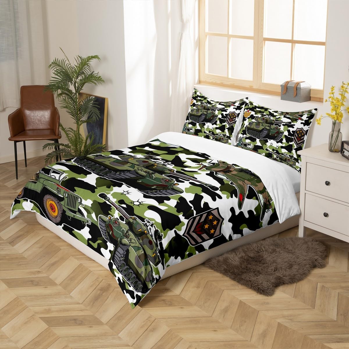 Tank Duvet Cover Set Full,Aircraft Camouflage Design Bedding Set 3pcs for Kids Child Teens Boys Man Room Decor,War Theme Comforter Cover,Soft Army Green Quilt Cover with 2 Pillowcases