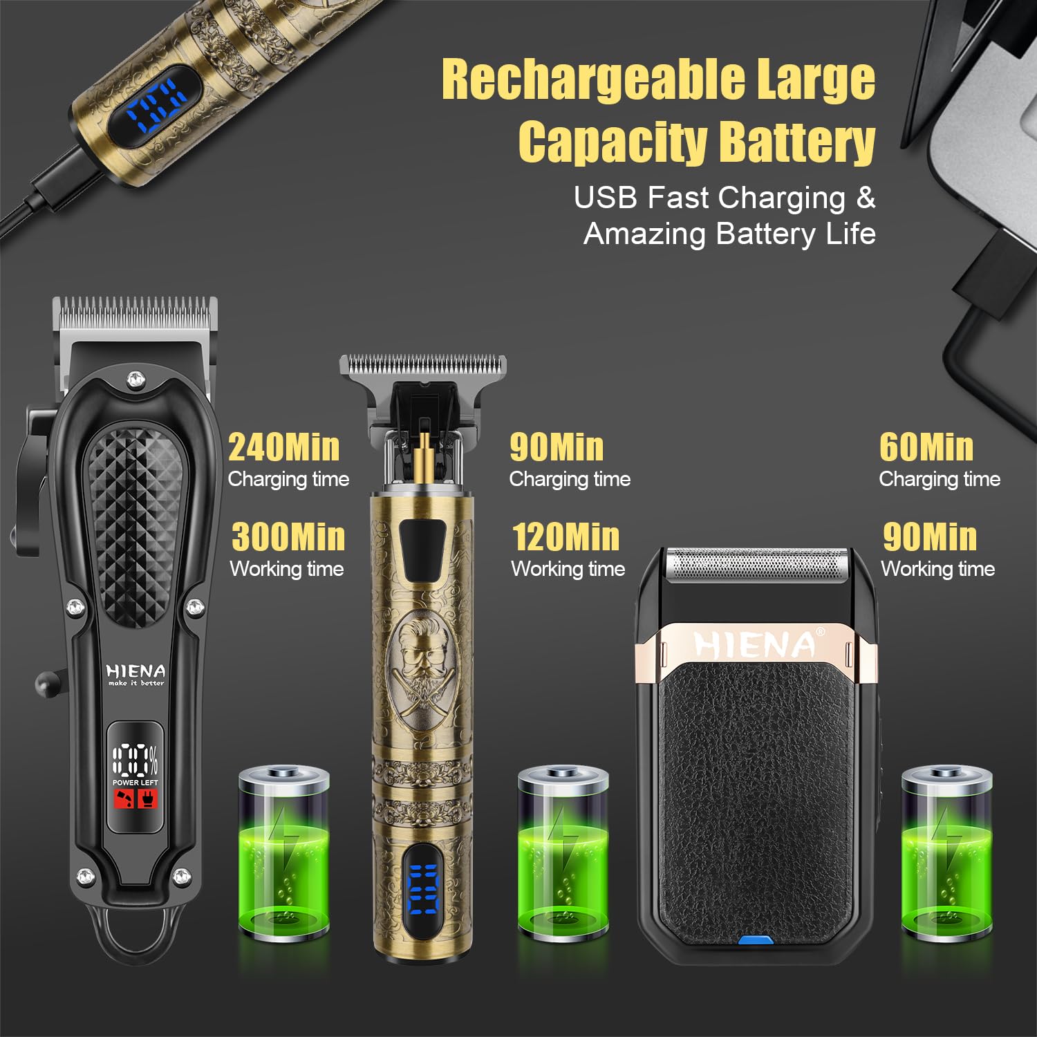 HIENA PRO Professional Hair Clippers Men Cordless Beard Trimmer Rechargeable Foil Shaver for Men Hair Cutting Kit for Barber Set including LED Display - Image 4