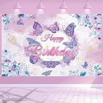 Purple Butterfly Happy Birthday Backdrop Banner Decor Sweet Baby Girls Princess Floral Photography Background Birthday Party Decorations Cake Table Photo Banner