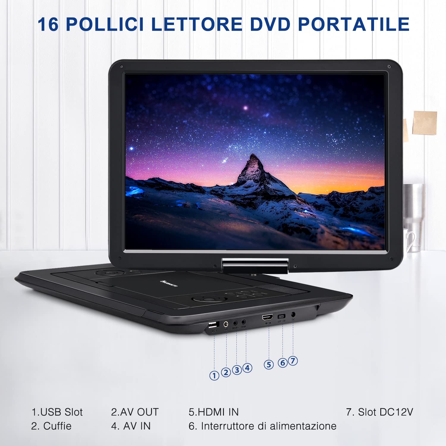 NAVISKAUTO 17,5" Lettore DVD Portatile Grande Schermo da 16 Pollici, Supporta HDMI, Autonomia da 6 Ore, USB/TF/AV IN/OUT/Regione Libera,18 Mesi di Garanzia