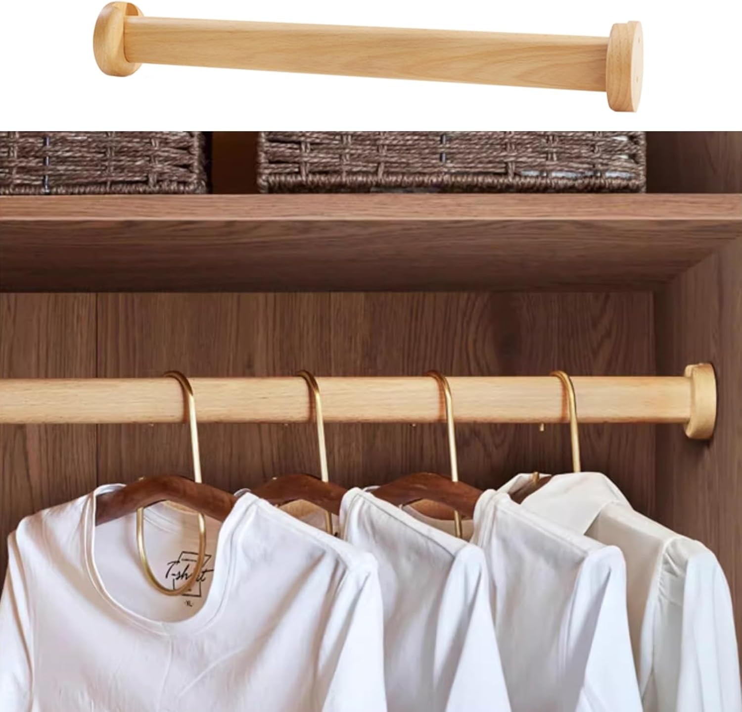 Wooden Oval Closet Rod, Extra Wardrobe Rod with End Support, Heavy Duty Thick Clothes Hanging Rods Natural Wood, Easy to Install Length Length